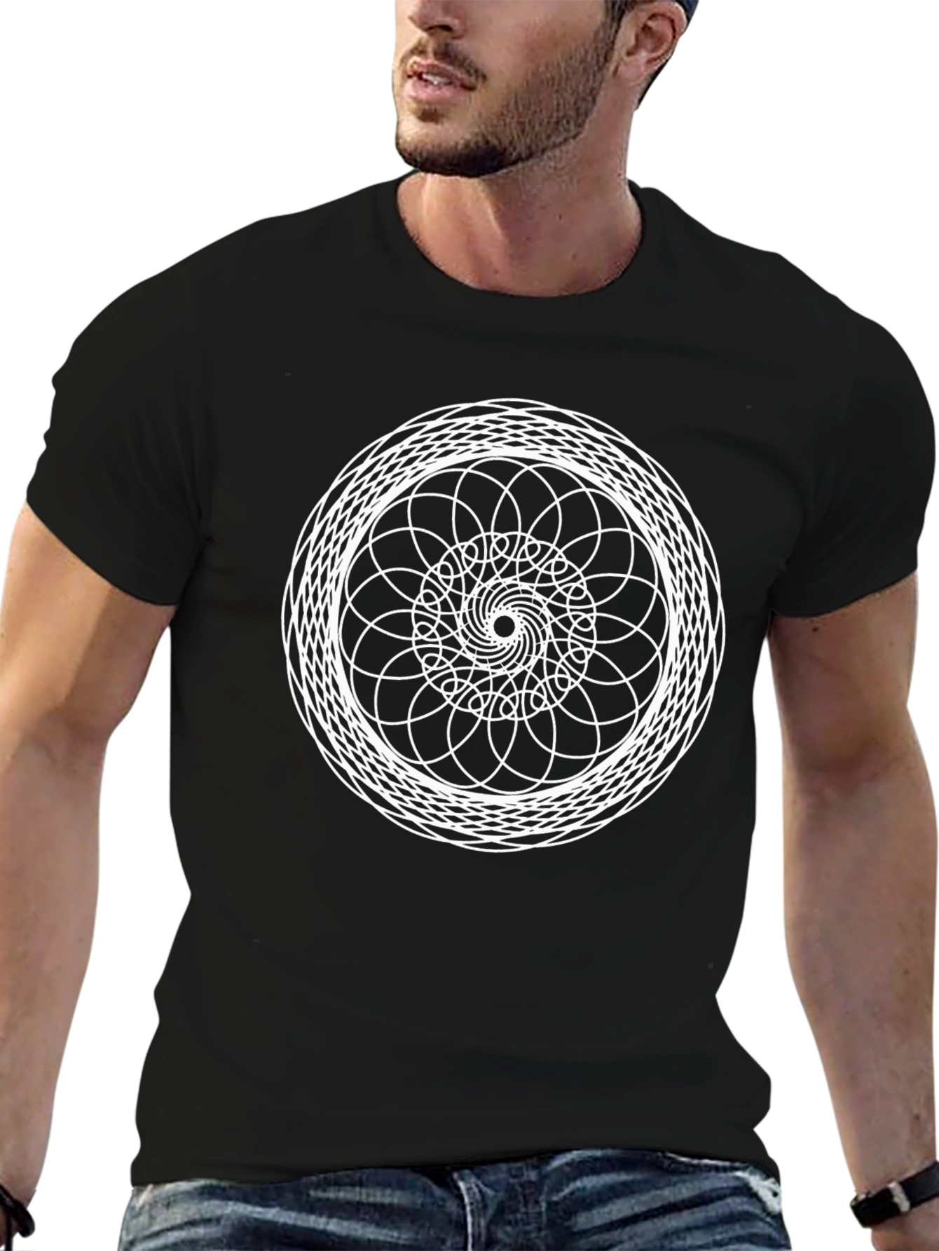 Black Geometric Mandala Graphic Tee - Black Cotton T-Shirt view 6