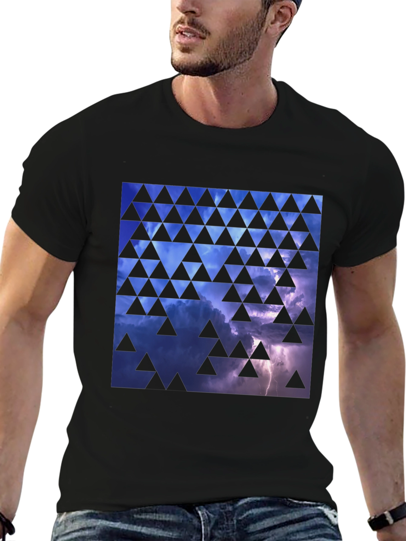 Black Stormy Sky Triangle Pattern Black T-Shirt view 6