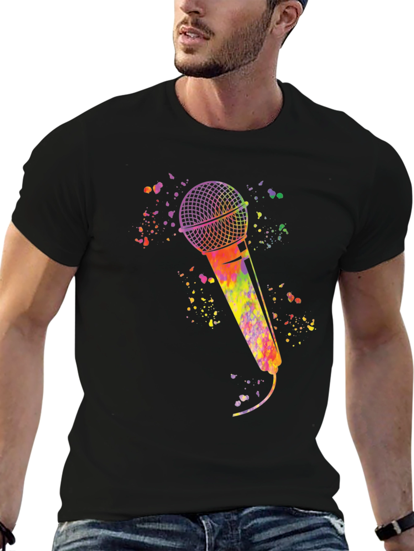 Black Watercolor Microphone Black T-Shirt view 6