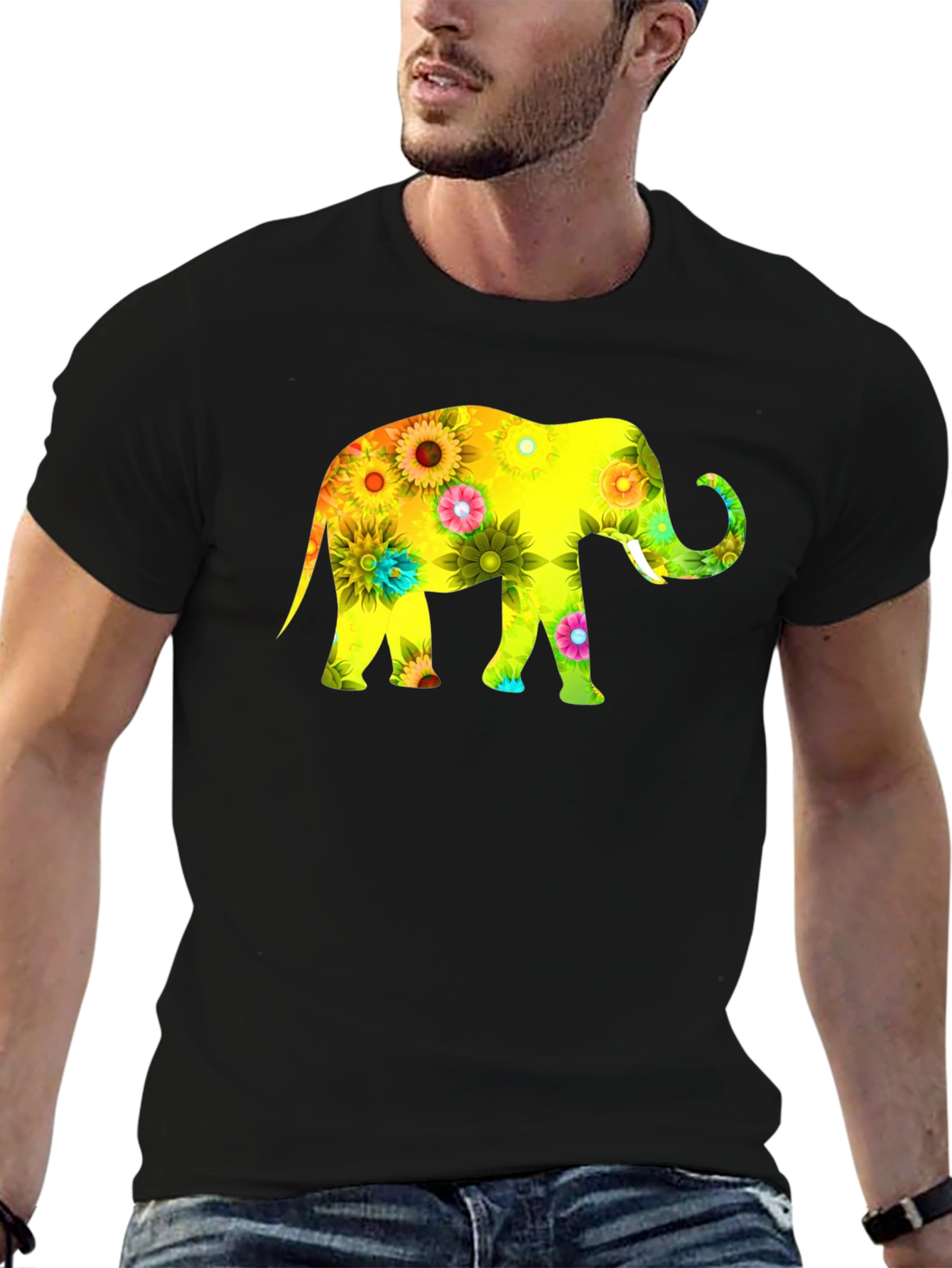 Black Floral Elephant Graphic Print T-Shirt view 6