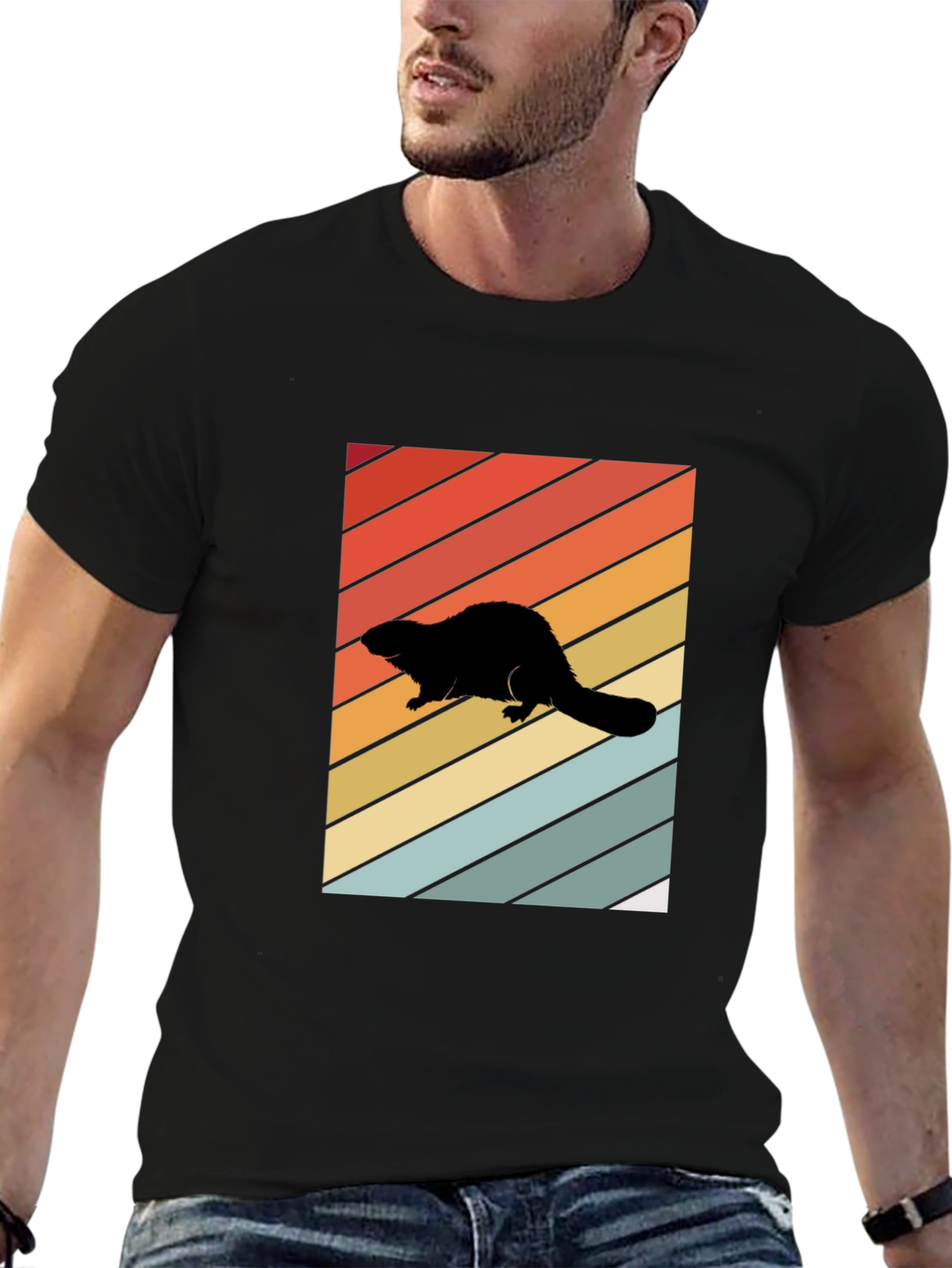Black Retro Beaver Silhouette T-Shirt view 6