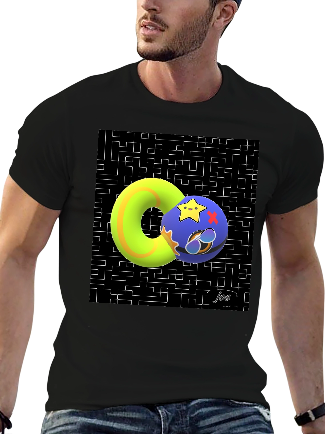 Black Geometric Graphic Tee - Funky Donut and Star Ball Design view 6