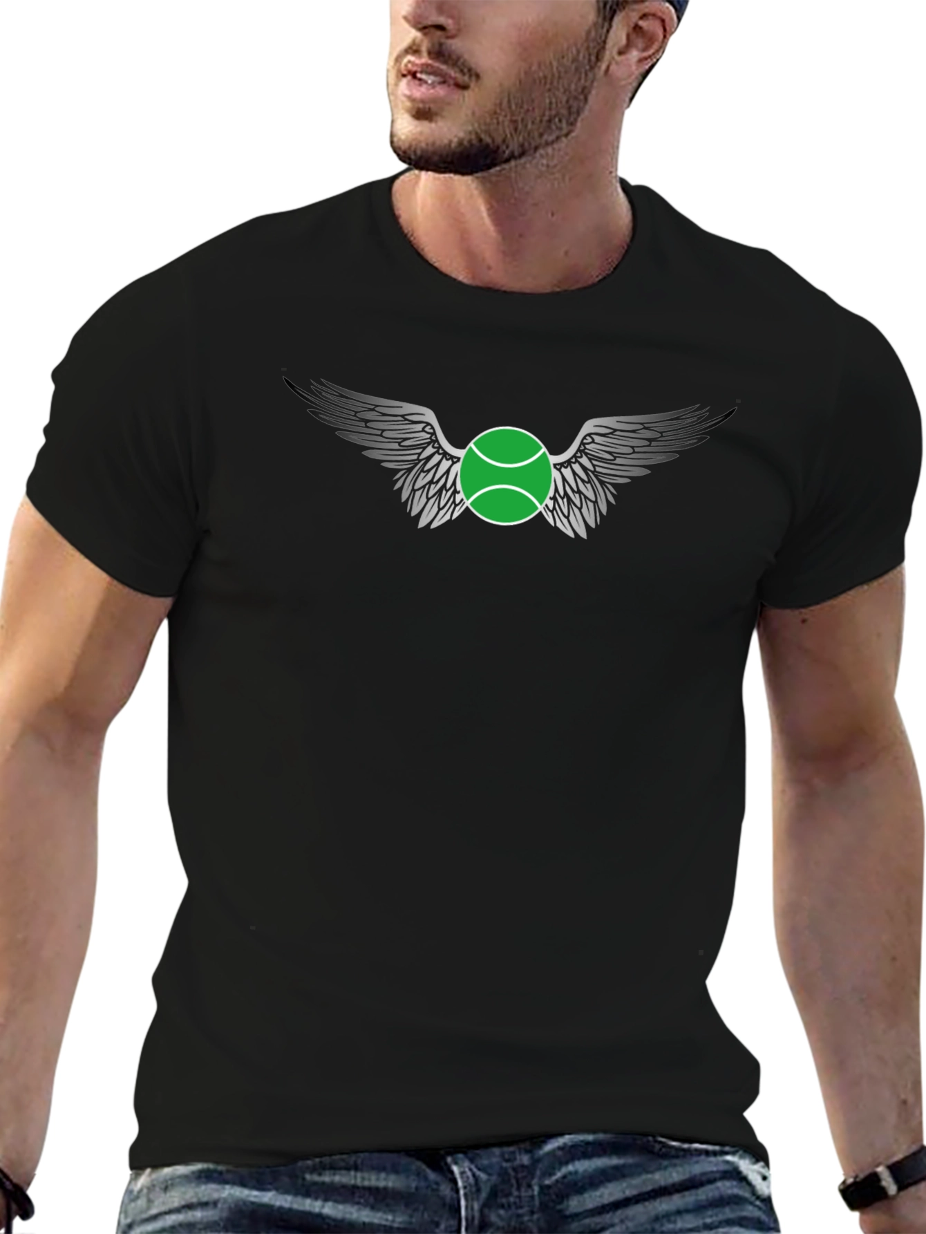 Black Winged Tennis Ball Graphic Tee - Black Cotton Casual Shirt view 6