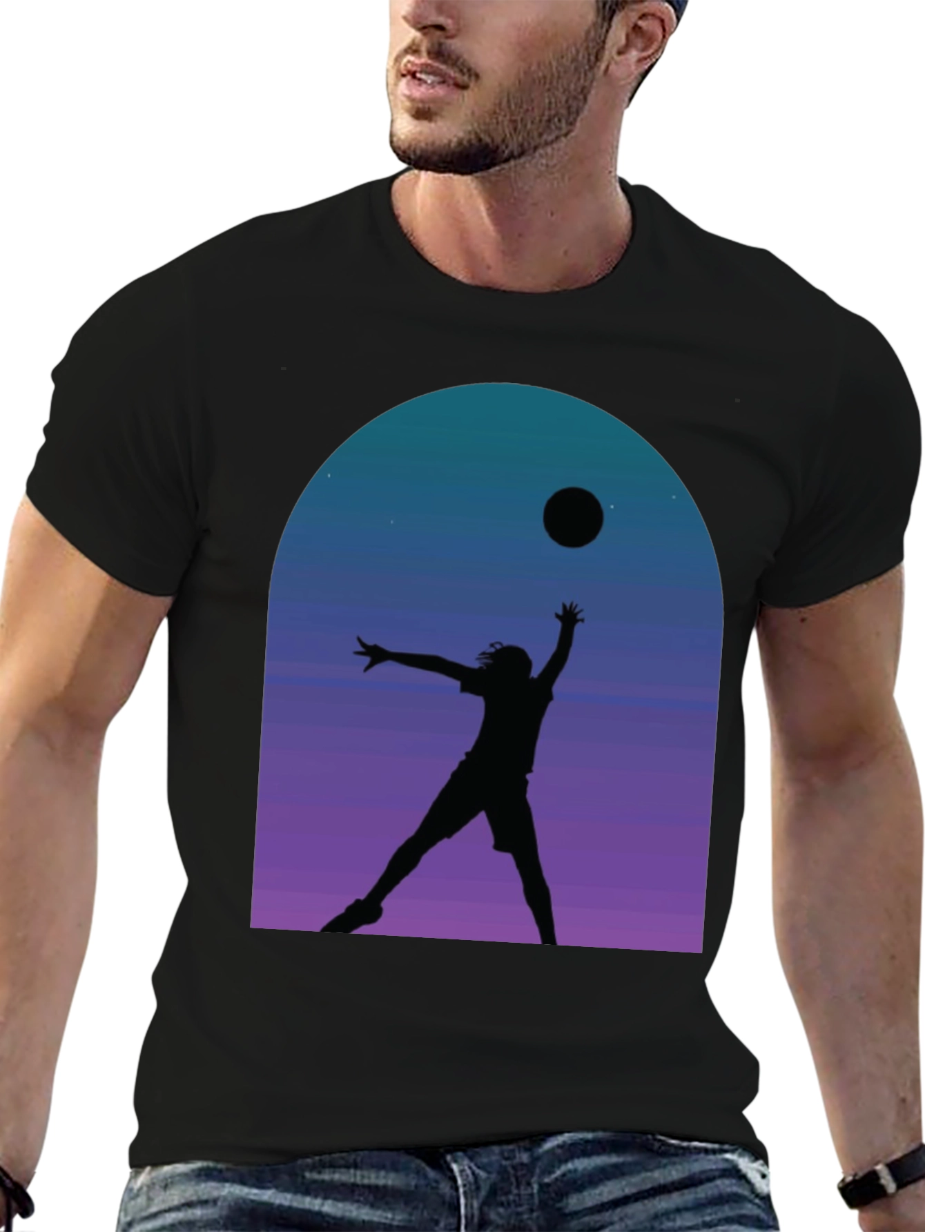Black Silhouette Volleyball T-Shirt - Night Sky Graphic Tee view 6