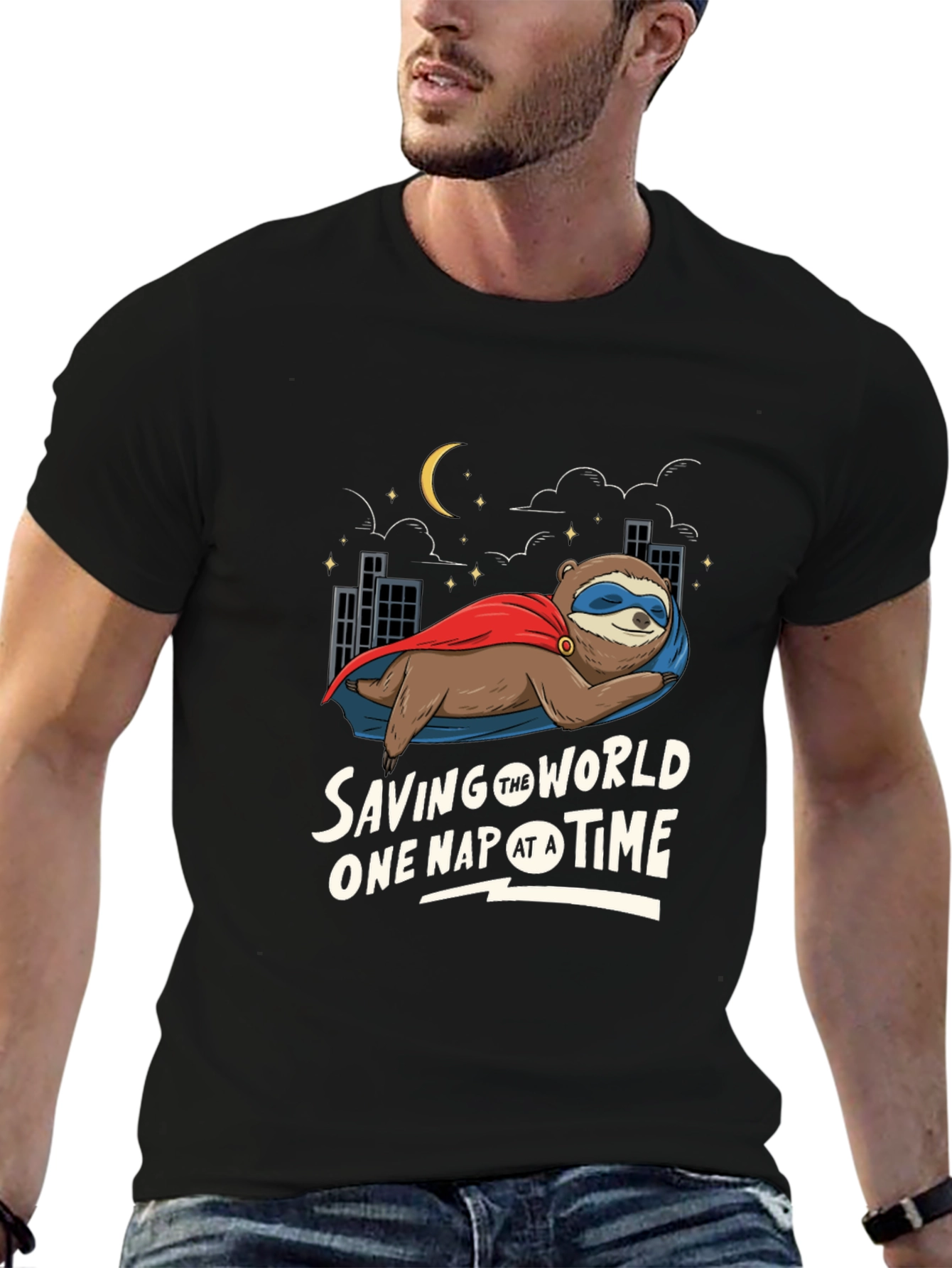 Black Saving The World One Nap At A Time Sloth T-Shirt view 6