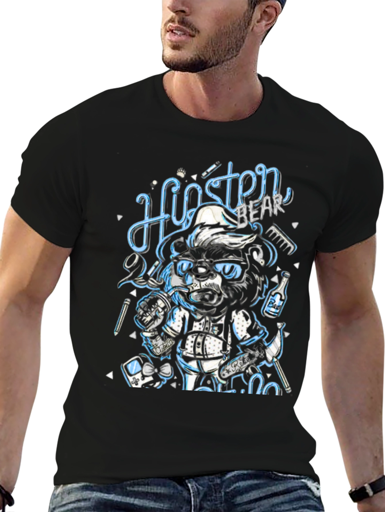 Black Hipster Bear Graphic T-Shirt - Cool Cartoon Print view 6