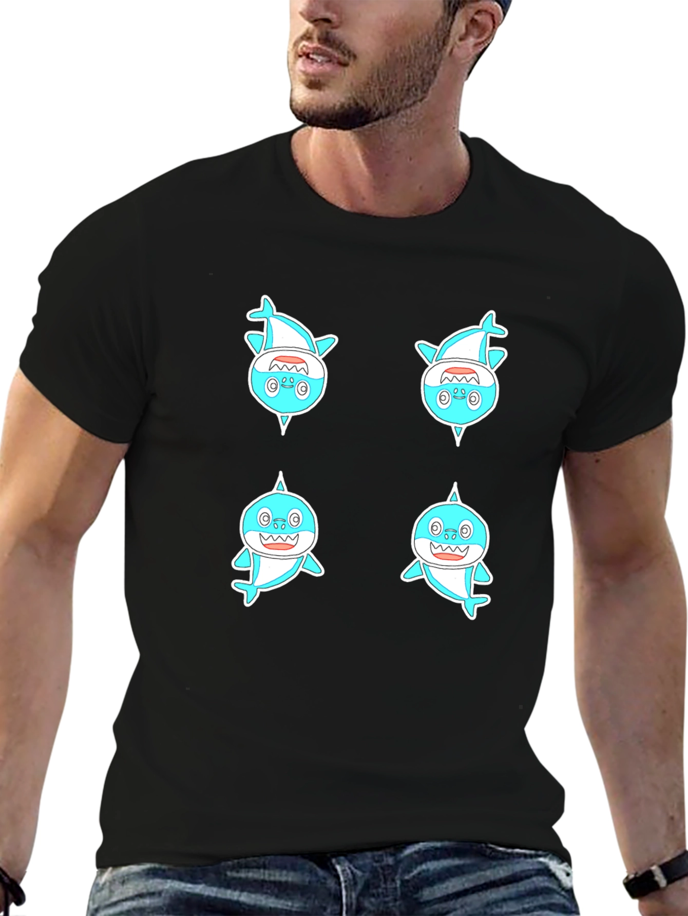 Cute Shark Pattern Men's Black T-Shirt - 6