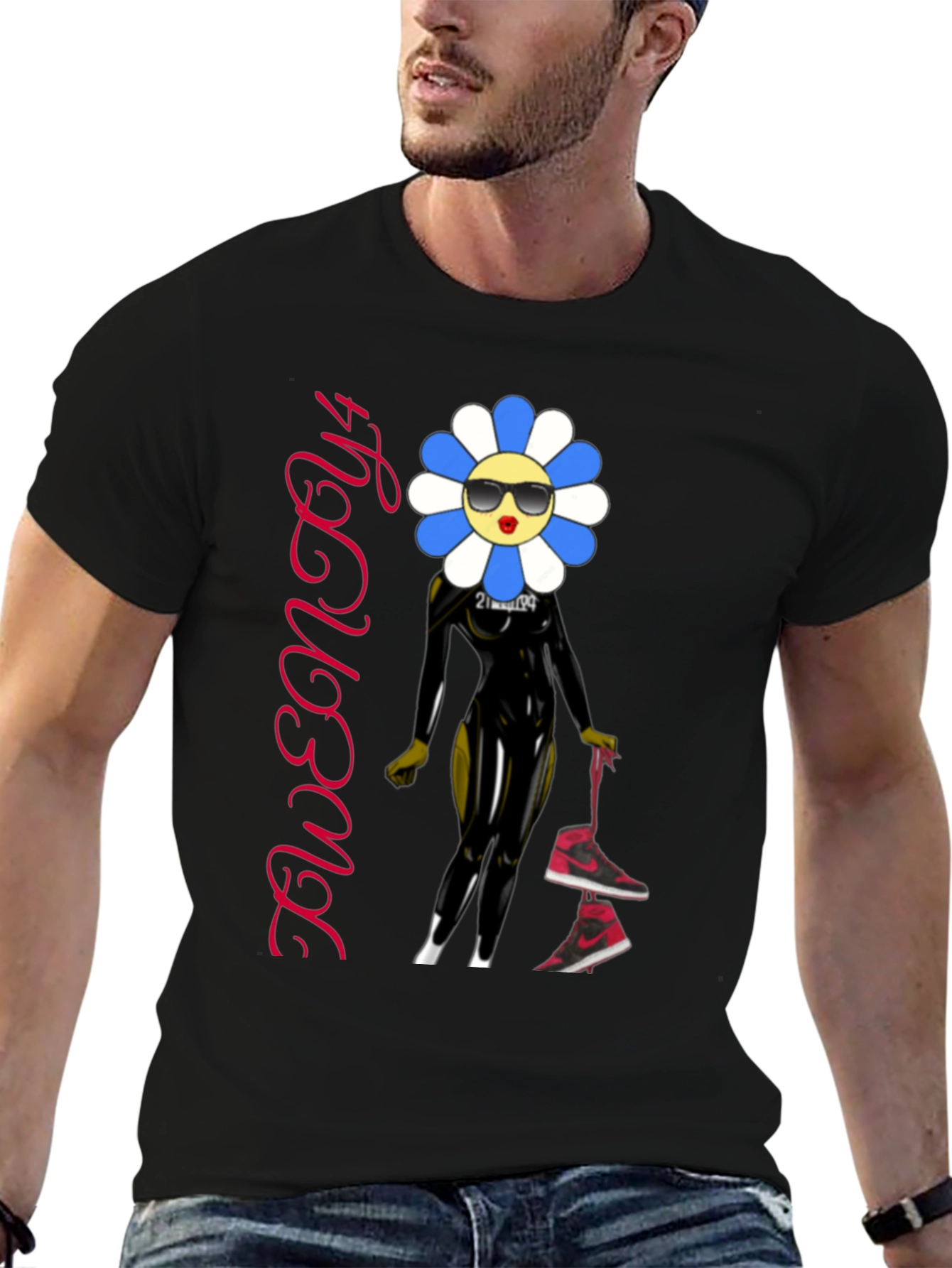 Black Trendy Flower Character Graphic Black T-Shirt view 6