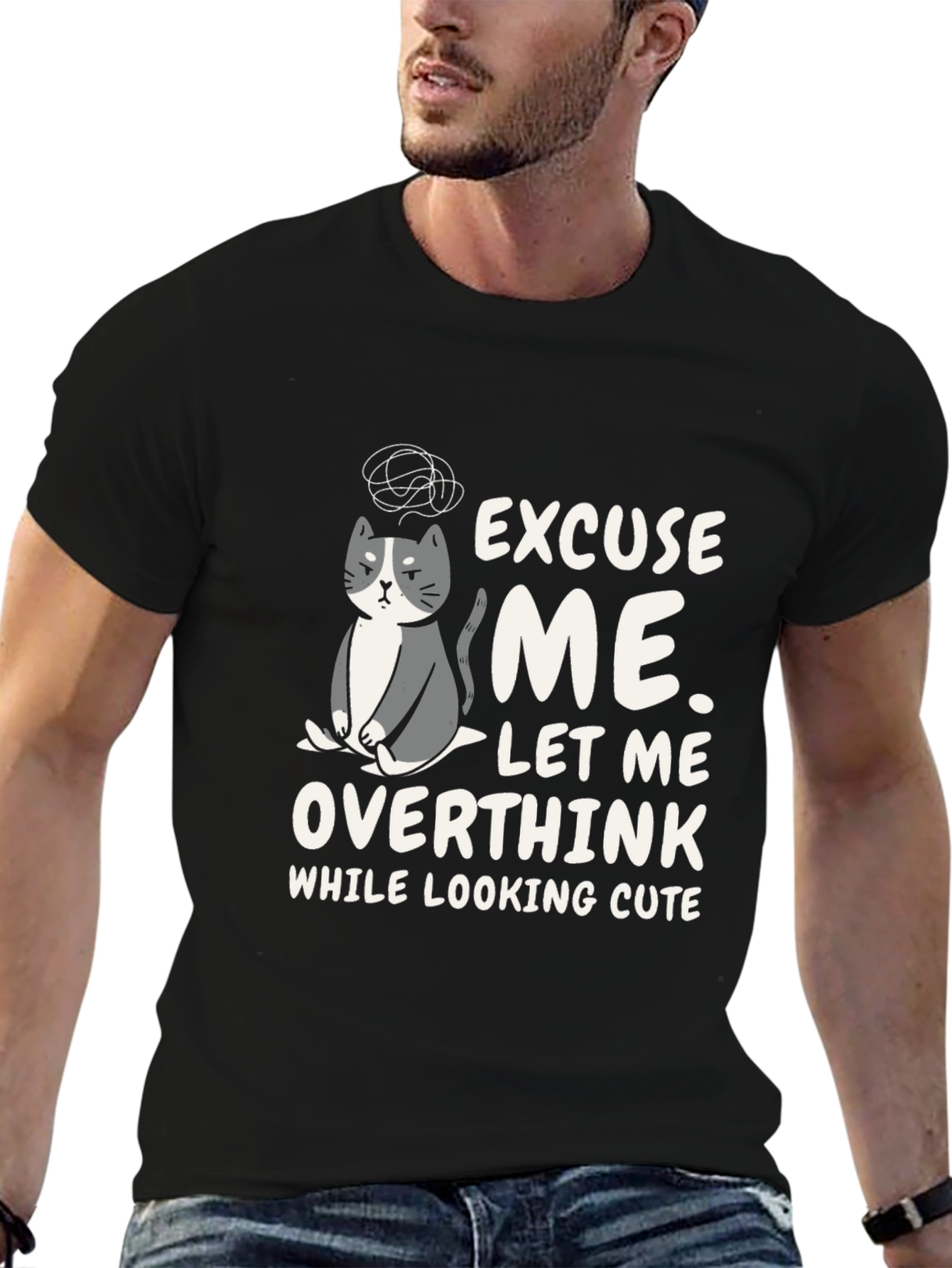 Black Overthinking Cat Graphic T-Shirt view 6