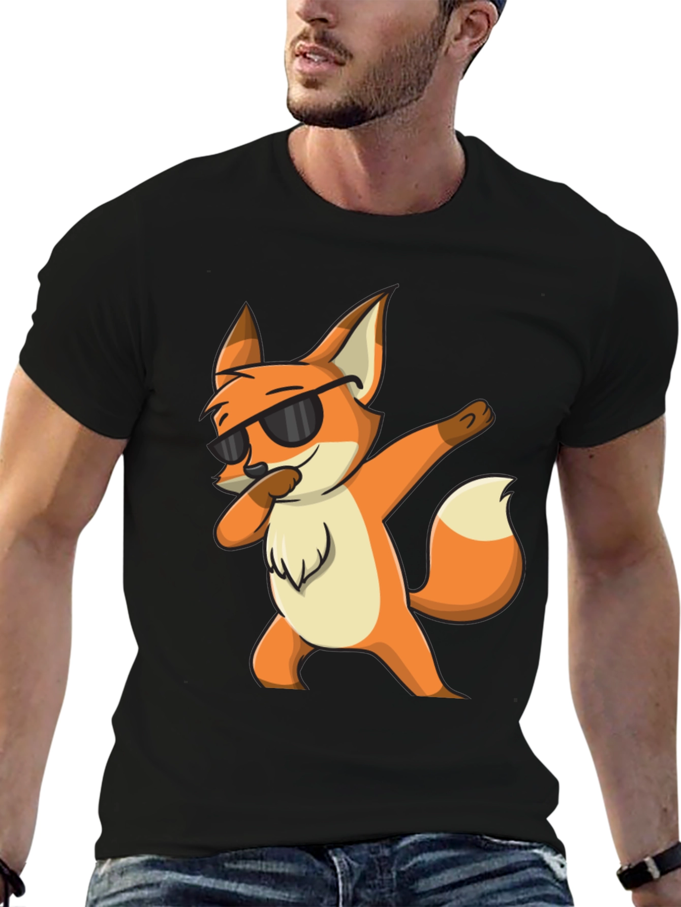 Black Cool Fox Dabbing Graphic Black T-Shirt view 6