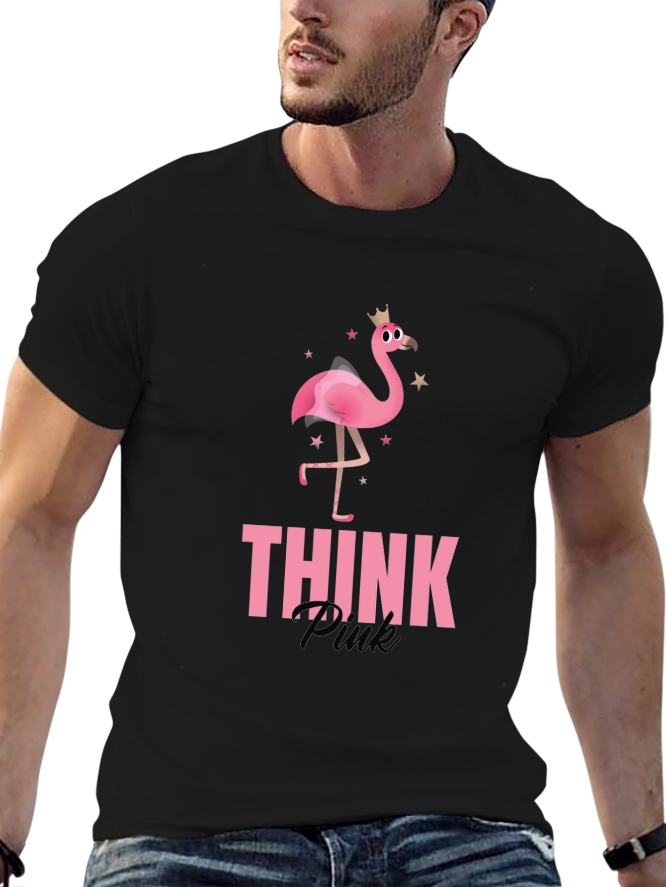 Black Think Pink Flamingo Graphic Tee - Black view 6
