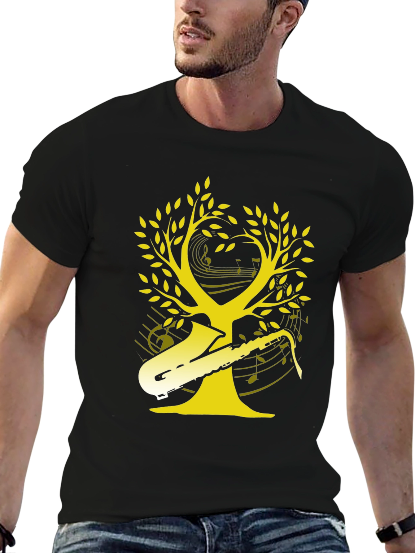 Black Saxophone Music Tree Graphic T-Shirt view 6