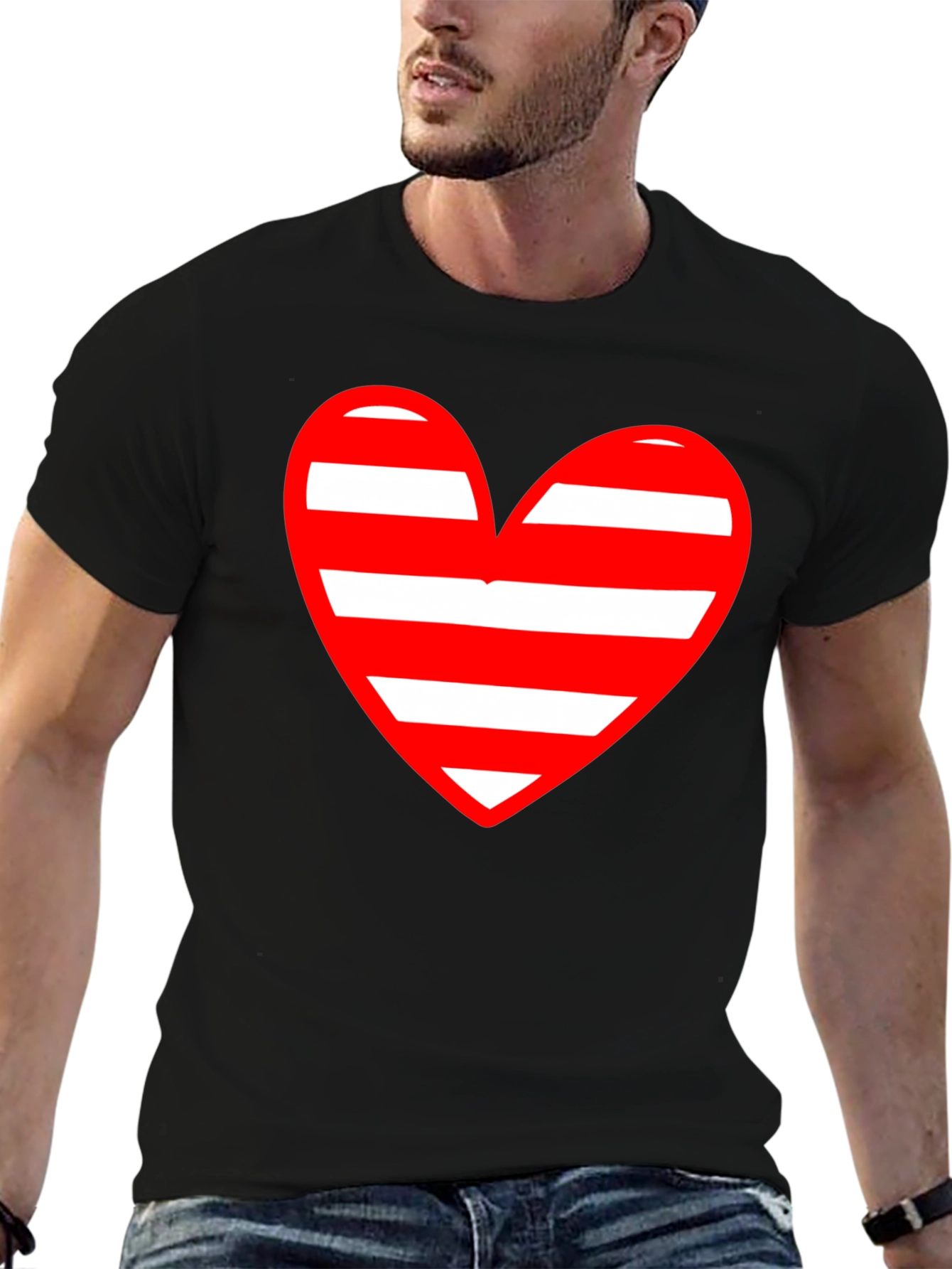 Black Striped Heart Graphic Black T-Shirt view 6