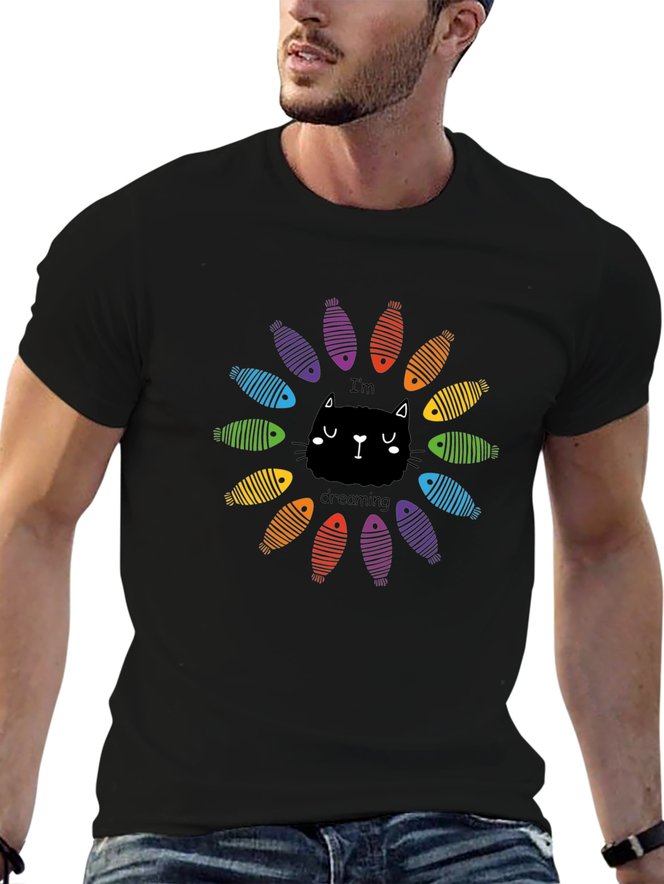 Black Dreaming Cat Graphic Tee - Black Unisex T-Shirt view 6