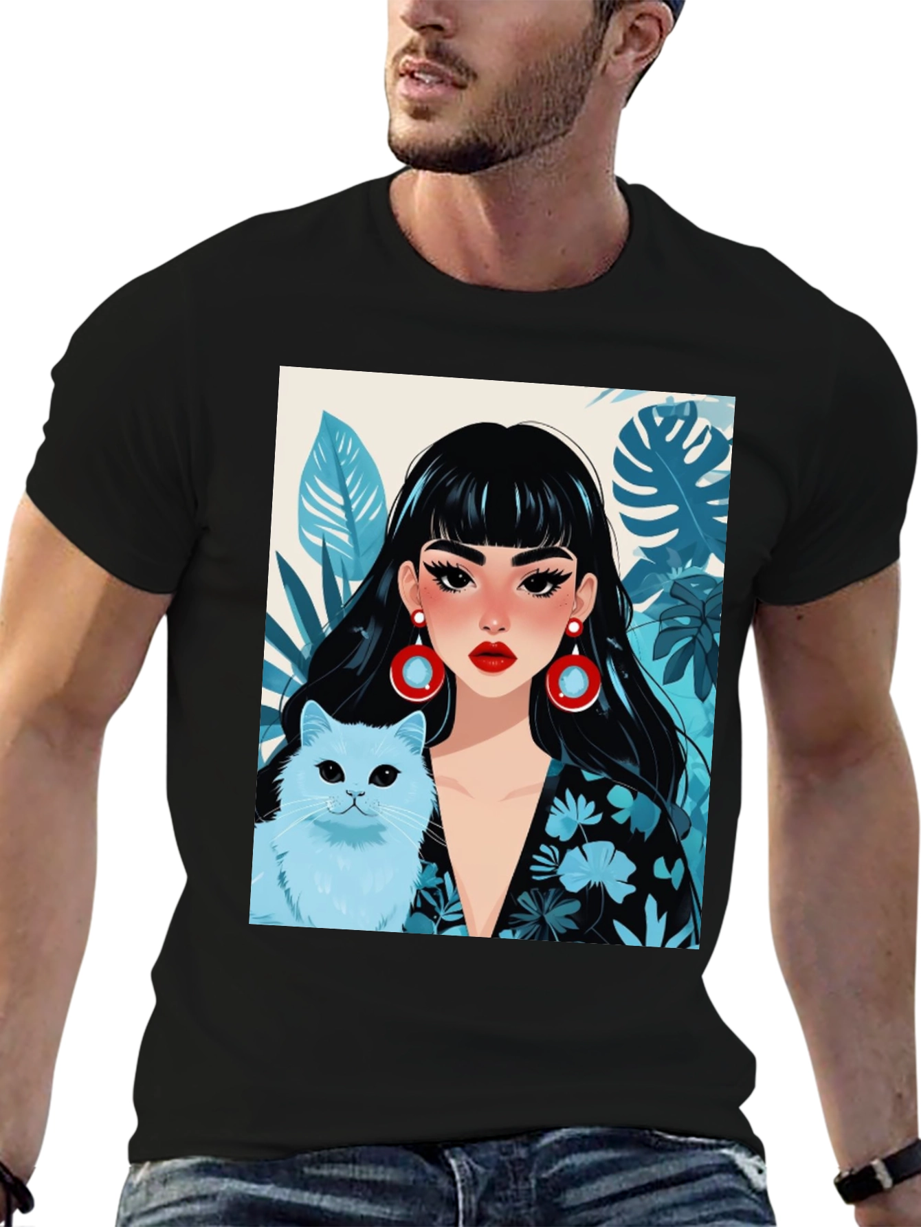 Black Trendy Graphic Tee - Woman & Cat view 6