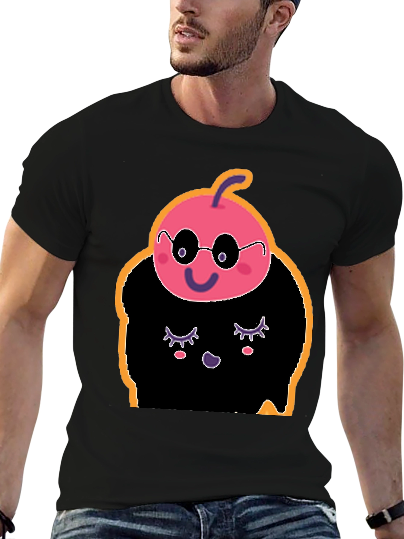 Black Whimsical Cartoon Character Black T-Shirt view 6