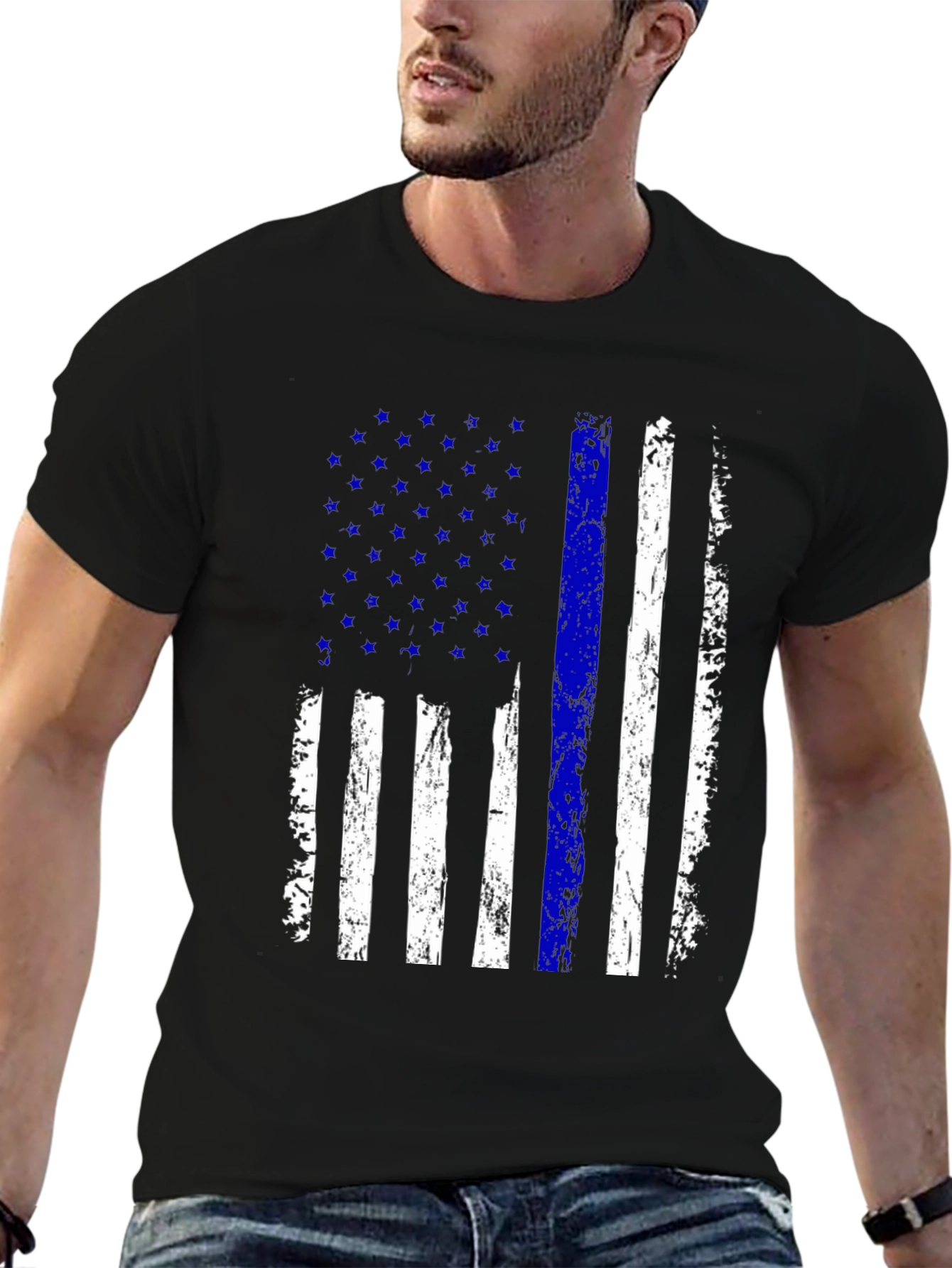 Distressed Thin Blue Line American Flag T-Shirt - 6