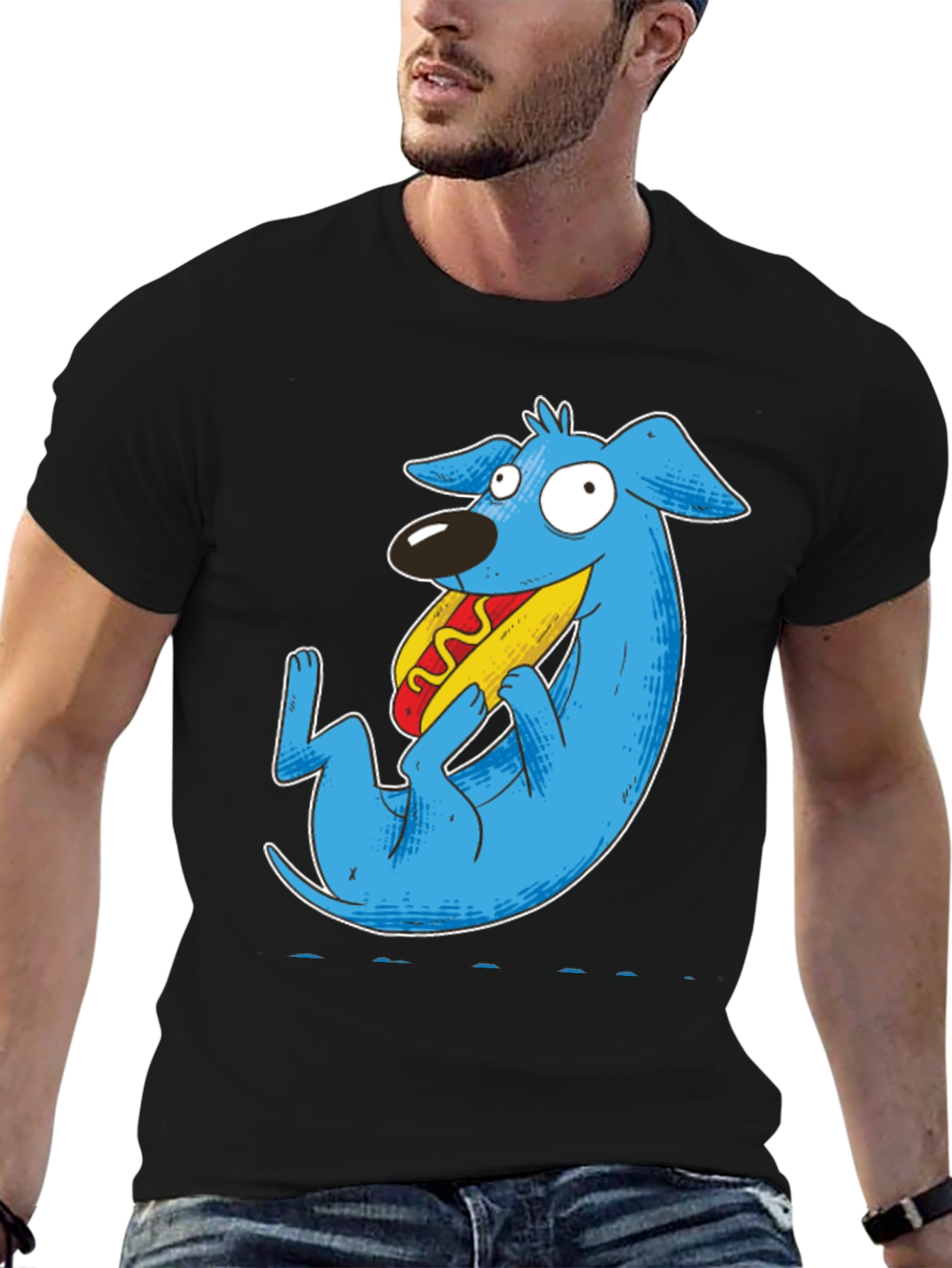 Black Cartoon Blue Dog Eating Hotdog Black T-Shirt view 6
