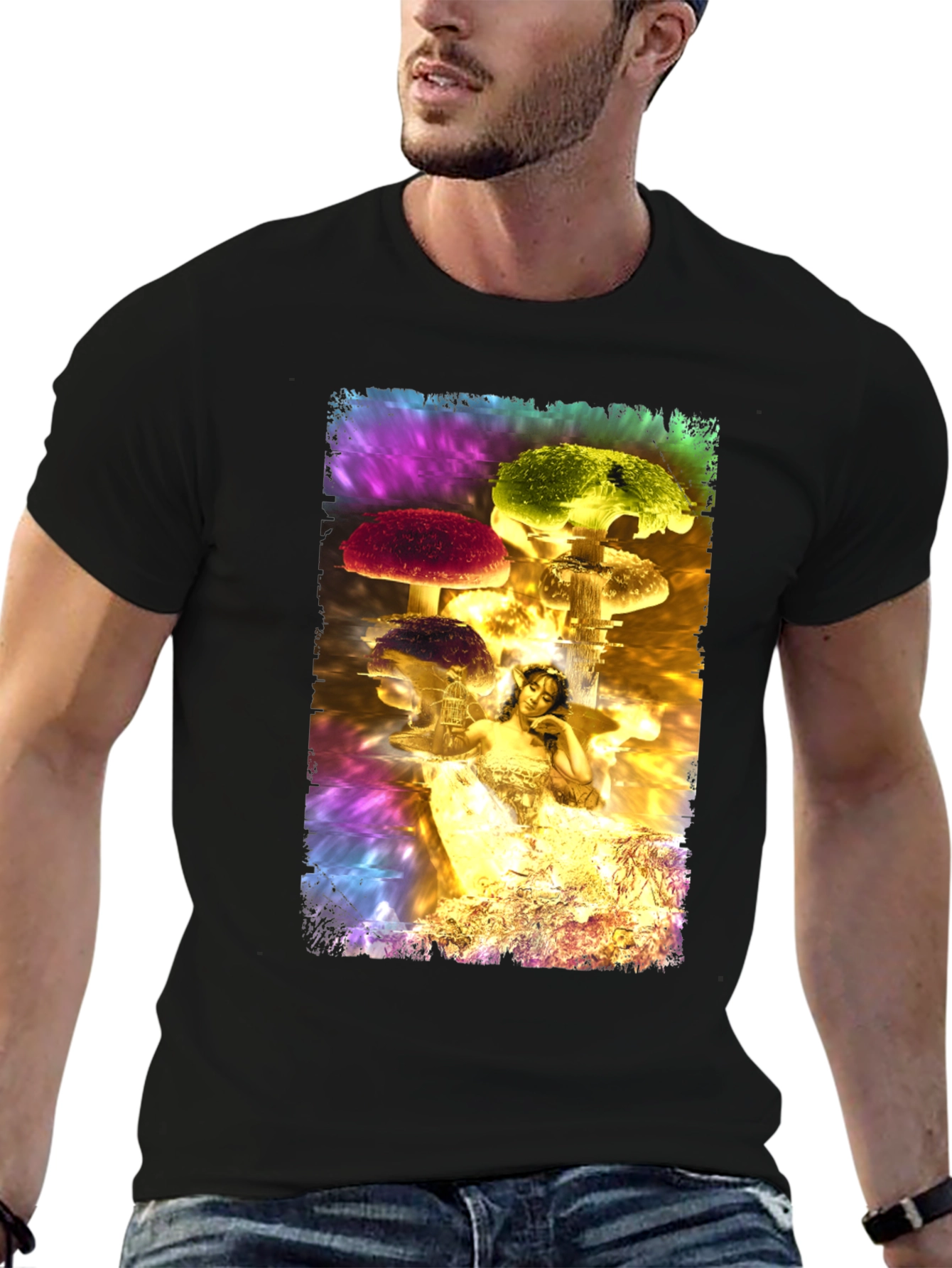 Black Fantasy Mushroom Fairy Graphic T-Shirt view 6