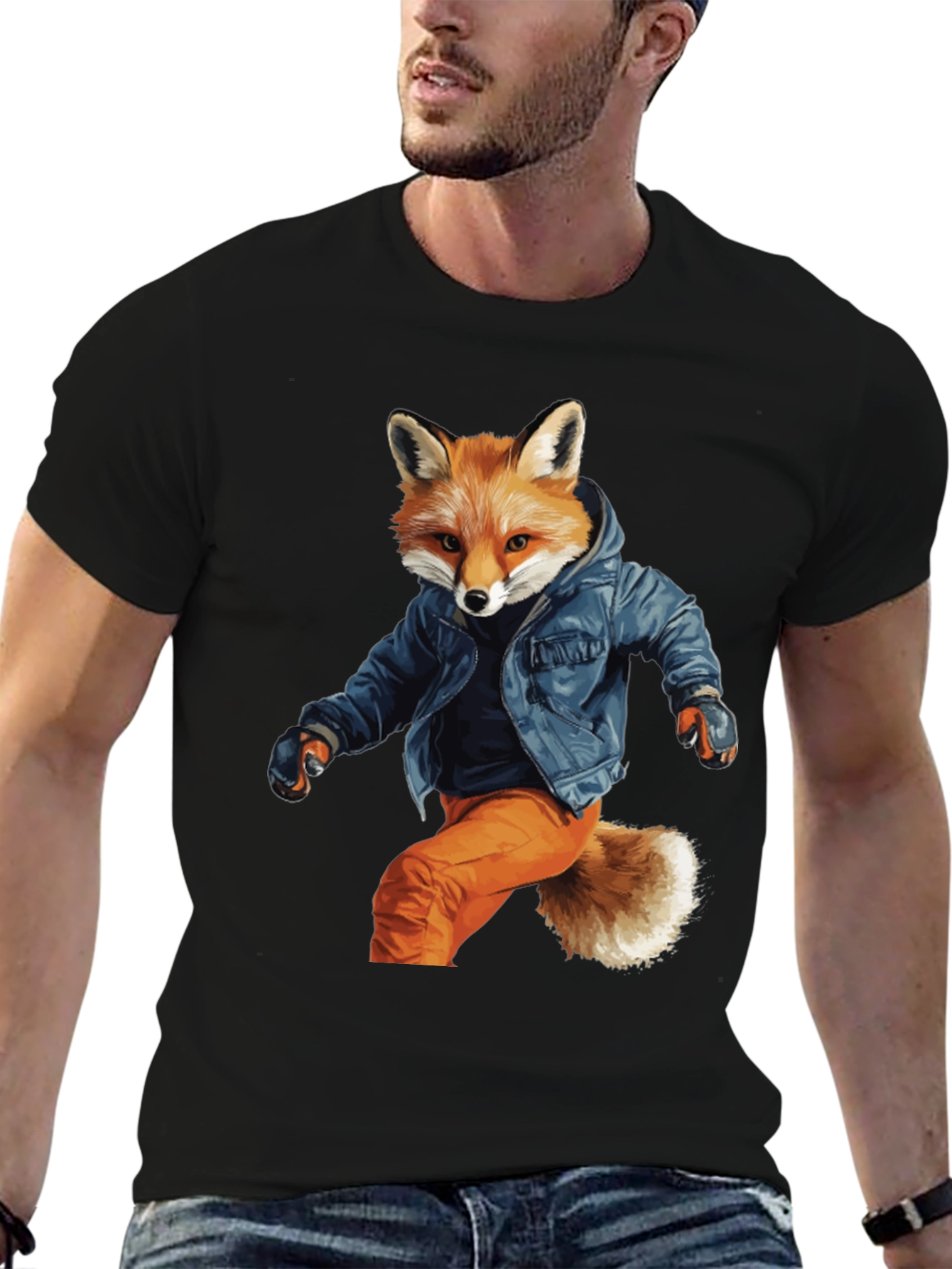 Black Stylish Fox Graphic T-Shirt view 6