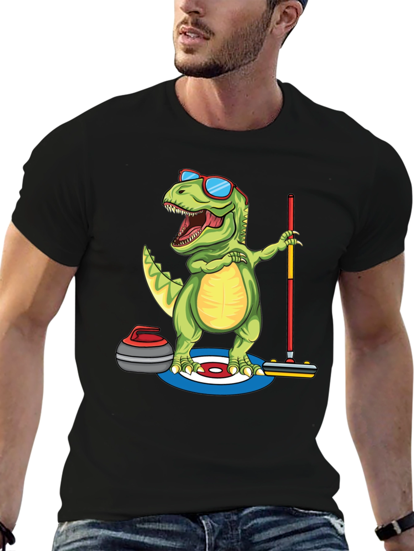 Black Dinosaur Curling T-Shirt - Funny Dino Design view 6