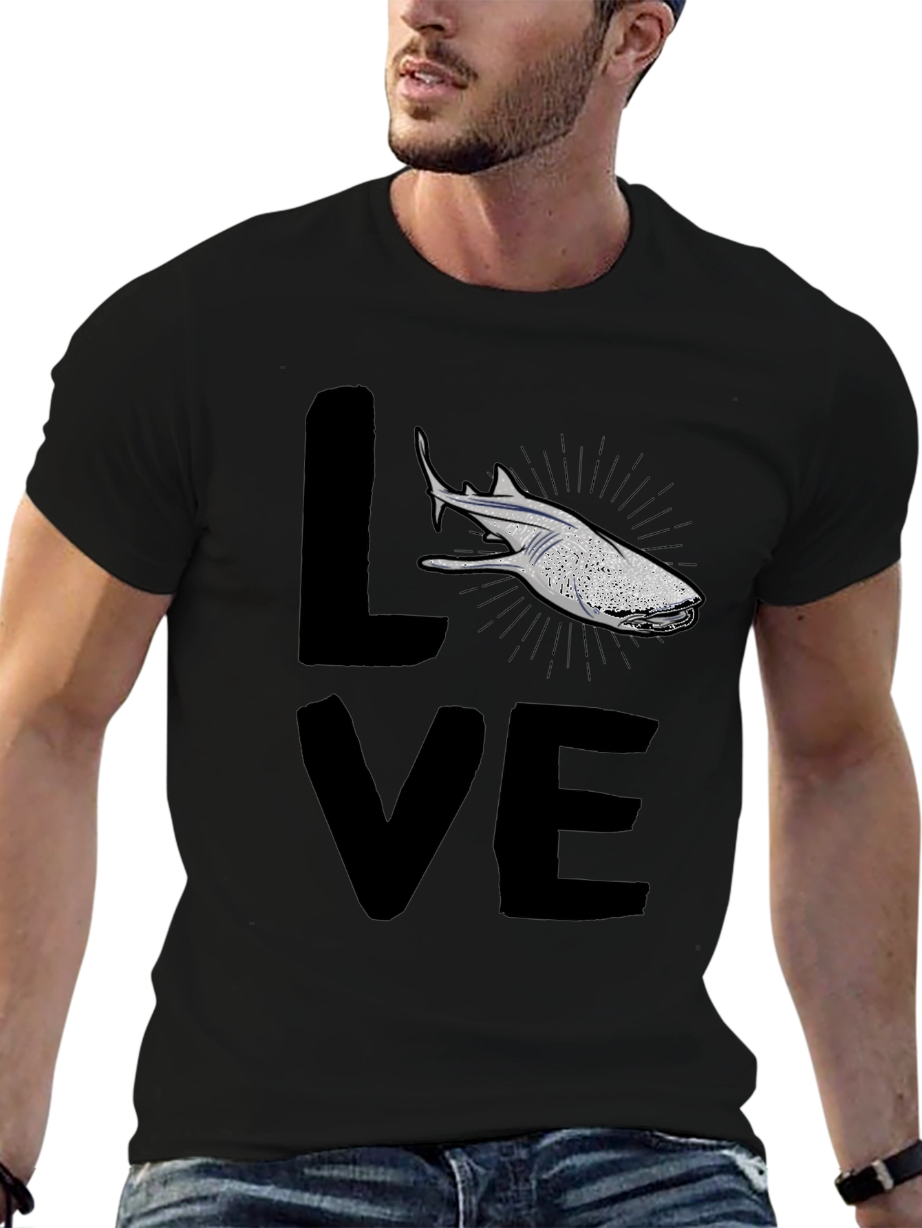 Black Love Shark Graphic T-Shirt, Black Cotton Blend view 6