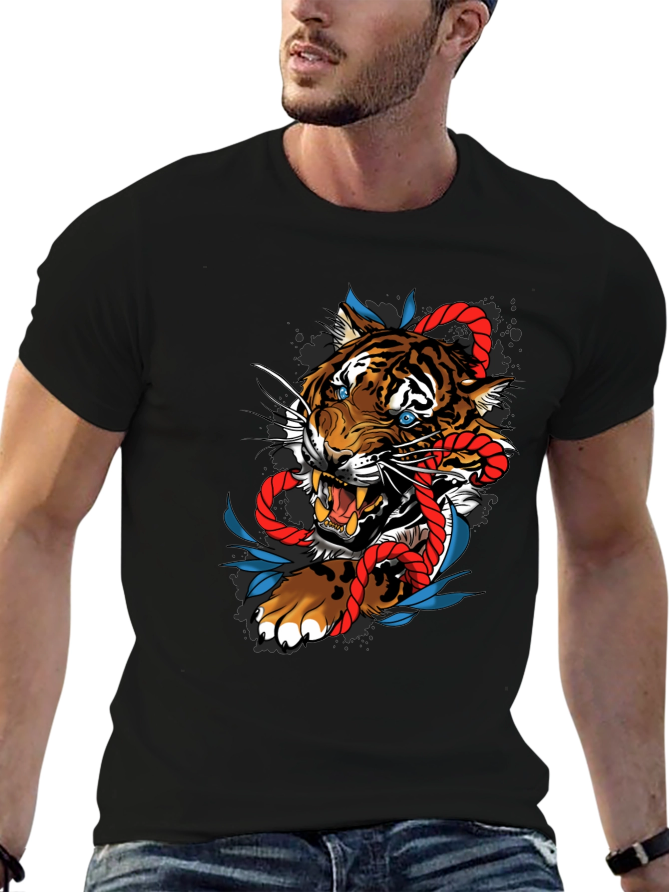 Black Tiger and Rope Graphic Tee - Unique Design view 6
