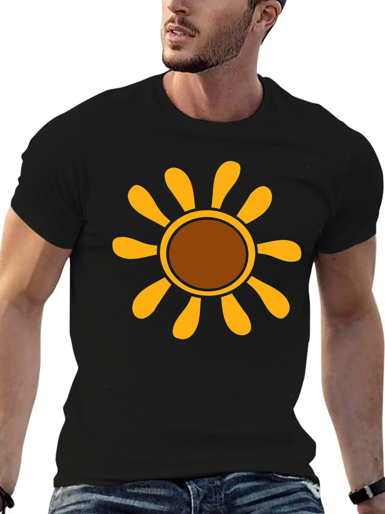 Black Retro Sunflower Graphic Tee - Black Cotton T-Shirt view 6