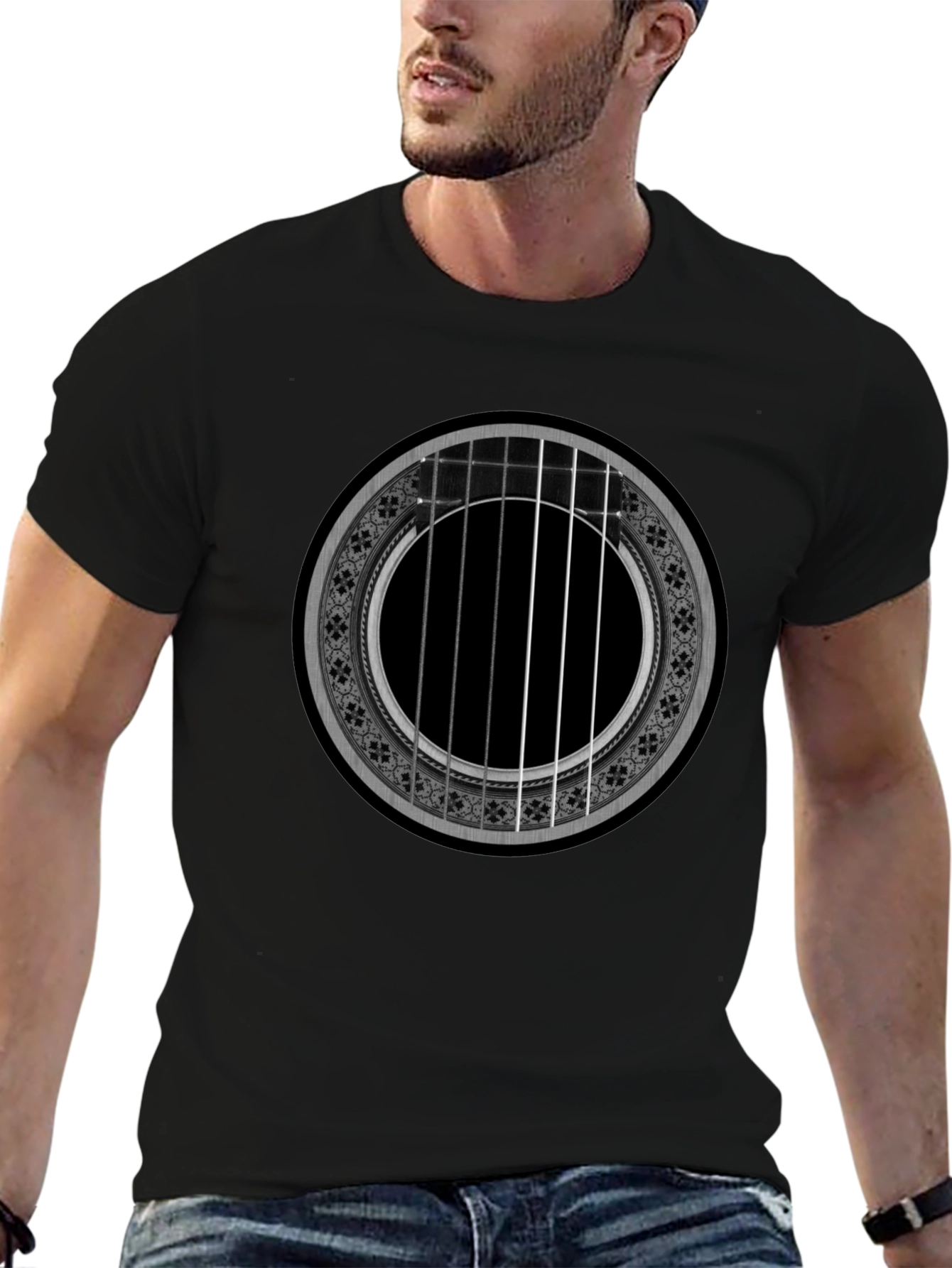 Black Acoustic Guitar Rose T-Shirt - Music Lover Tee view 6