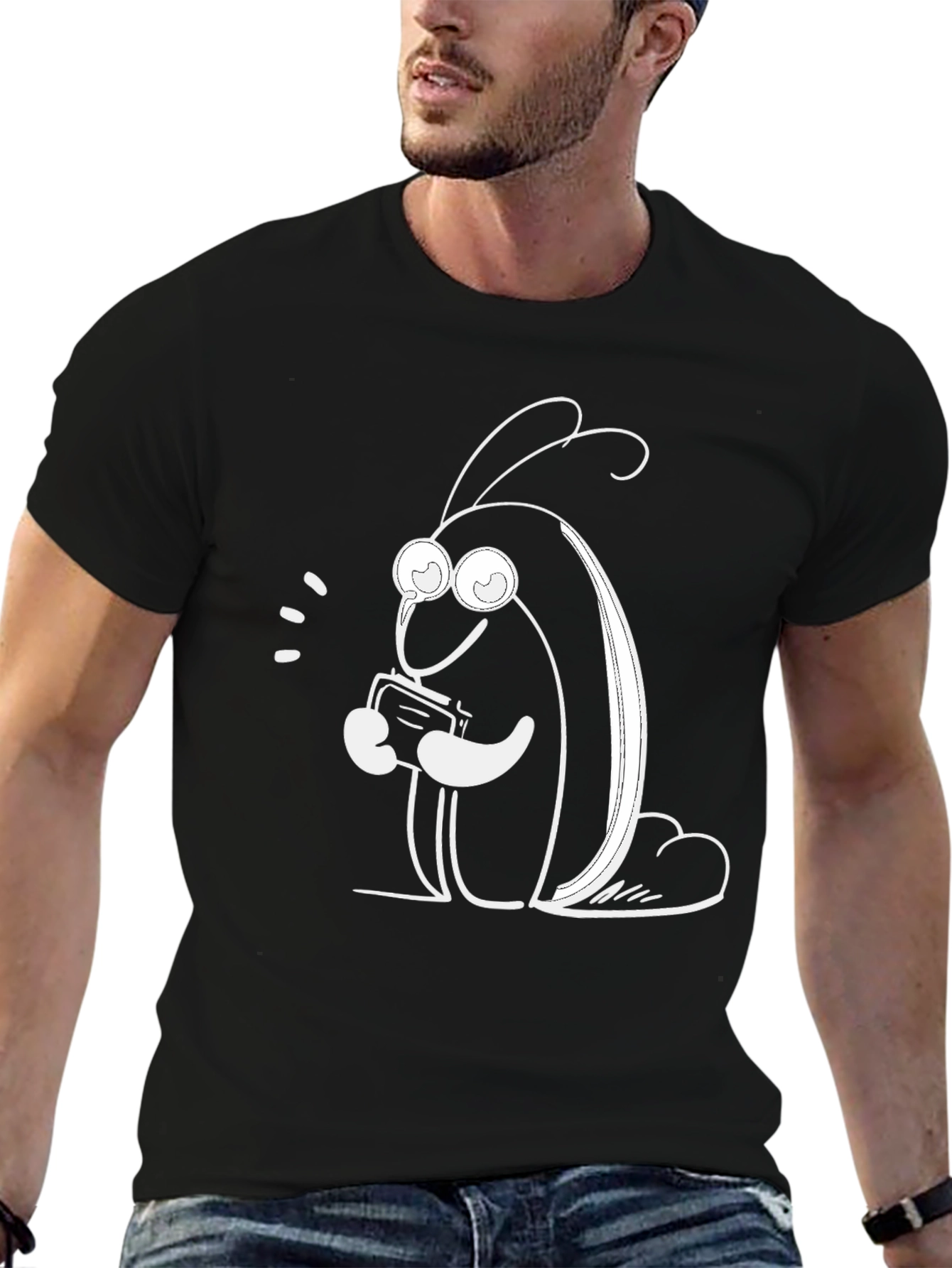 Black Cute Cartoon Bug on Black T-Shirt view 6