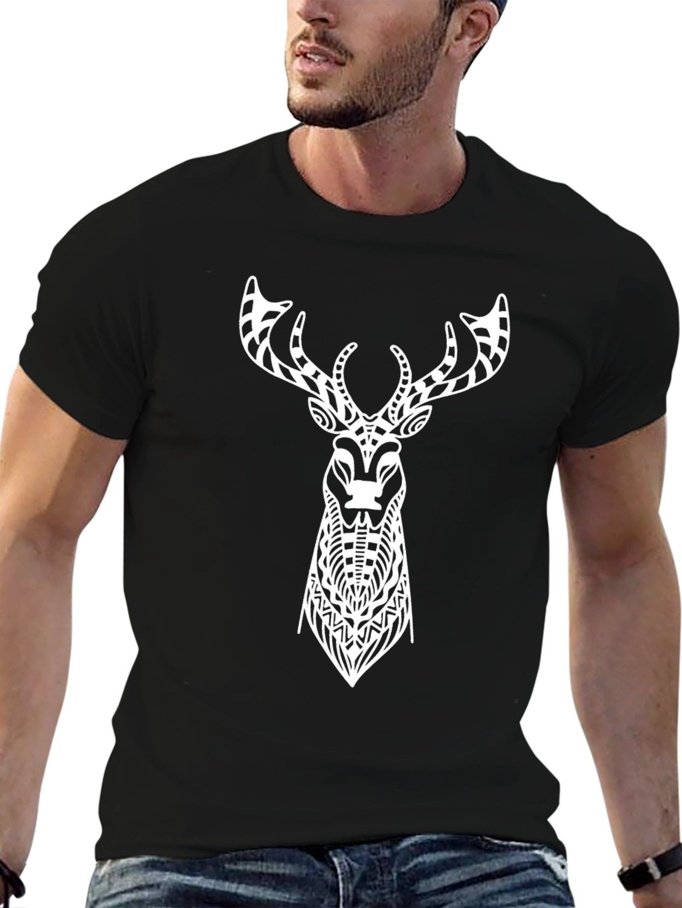 Black Tribal Deer Graphic Tee - Men's Black T-Shirt view 6