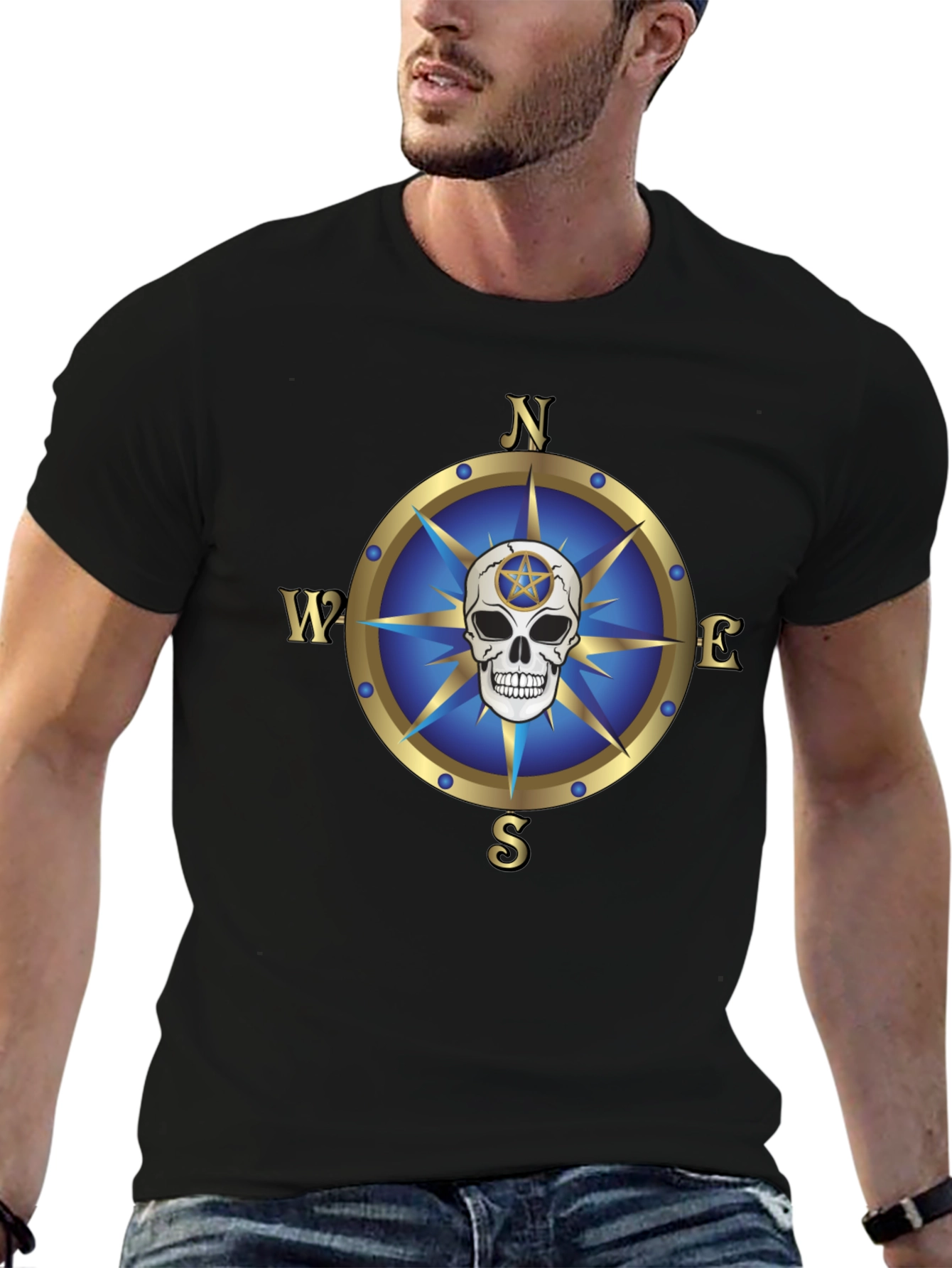 Black Compass Skull Graphic T-Shirt - Bold Black Tee view 6