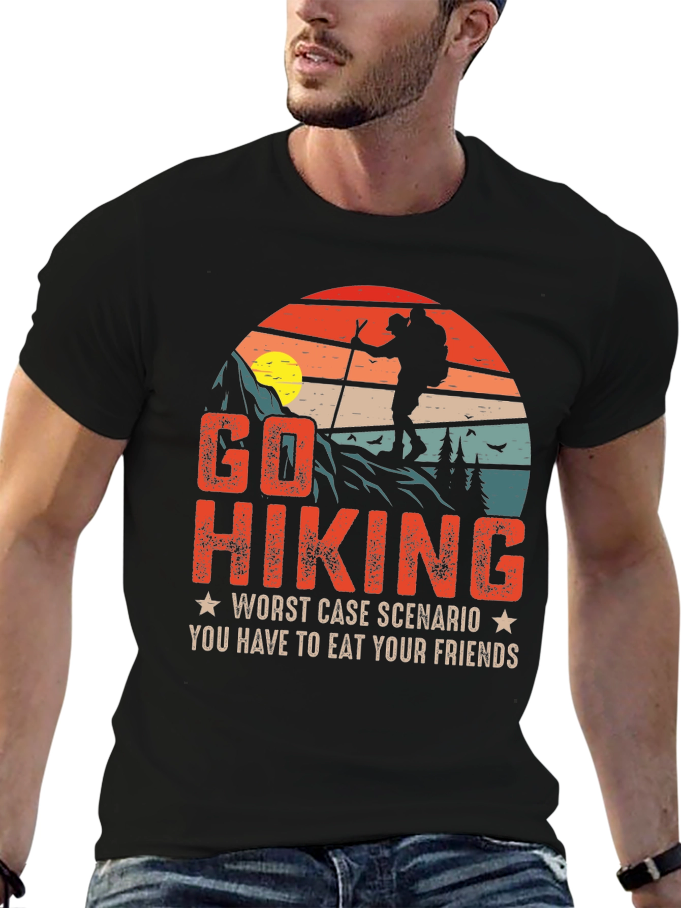 Black Go Hiking Funny Graphic T-Shirt view 6