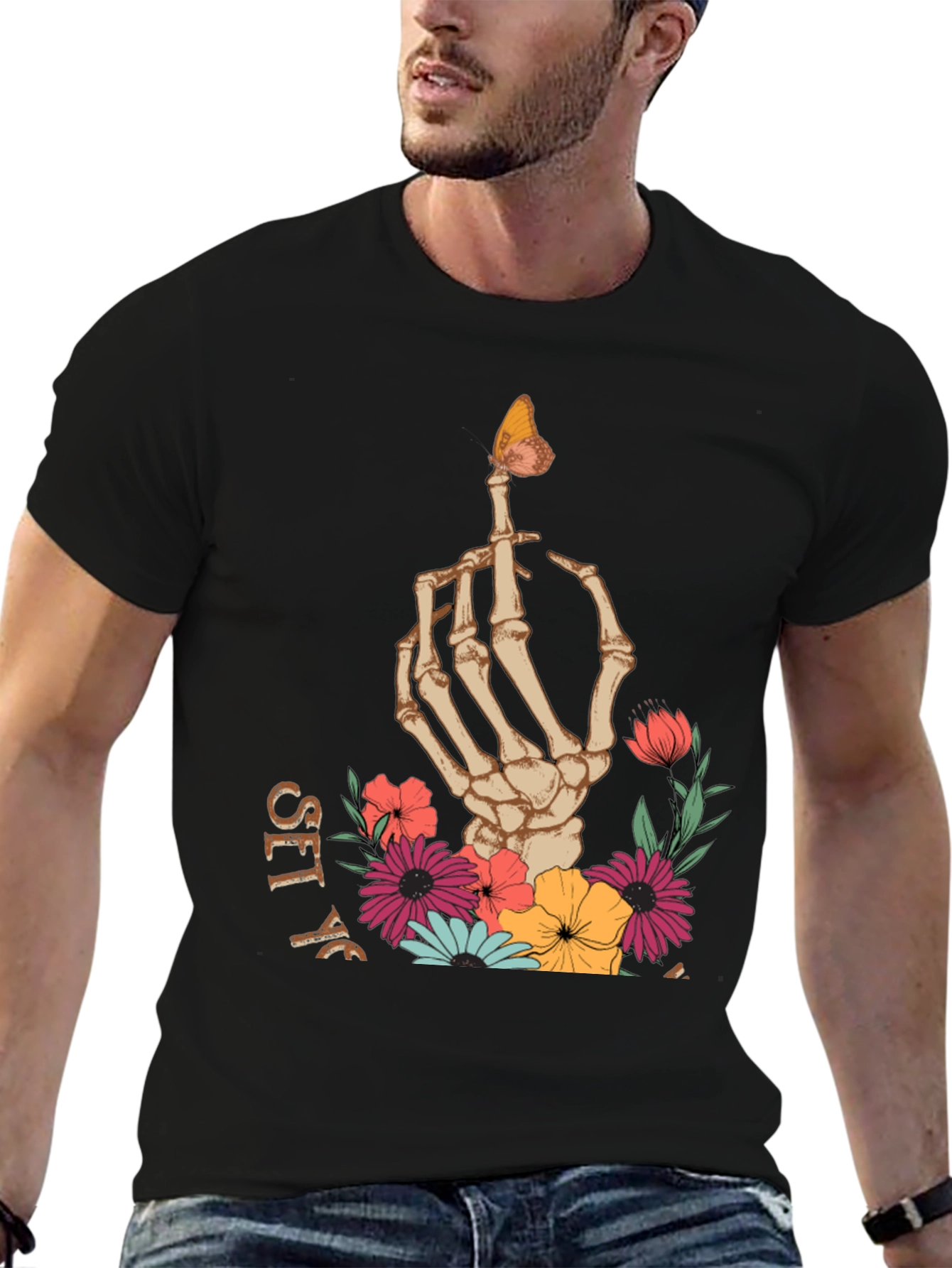 Black Floral Skeleton Hand Graphic Tee - Men's Black T-Shirt view 6