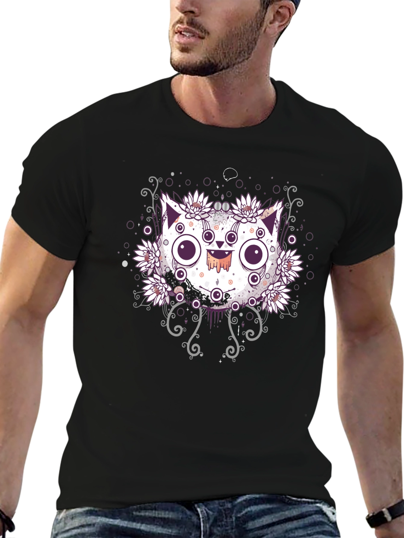 Black Mystical Cat T-Shirt - Floral Design Black Tee view 6