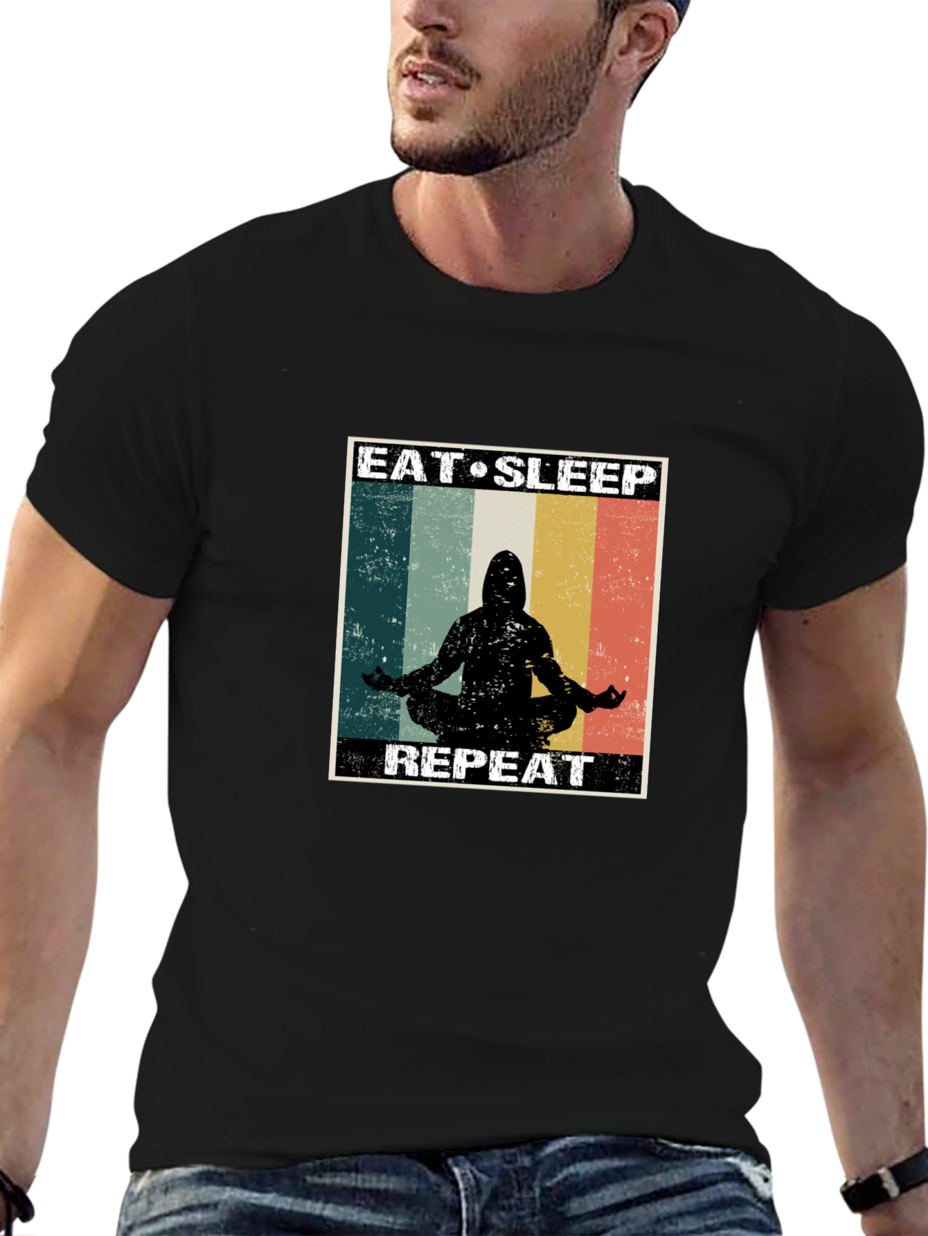 Black Eat Sleep Meditate Repeat Black T-Shirt view 6