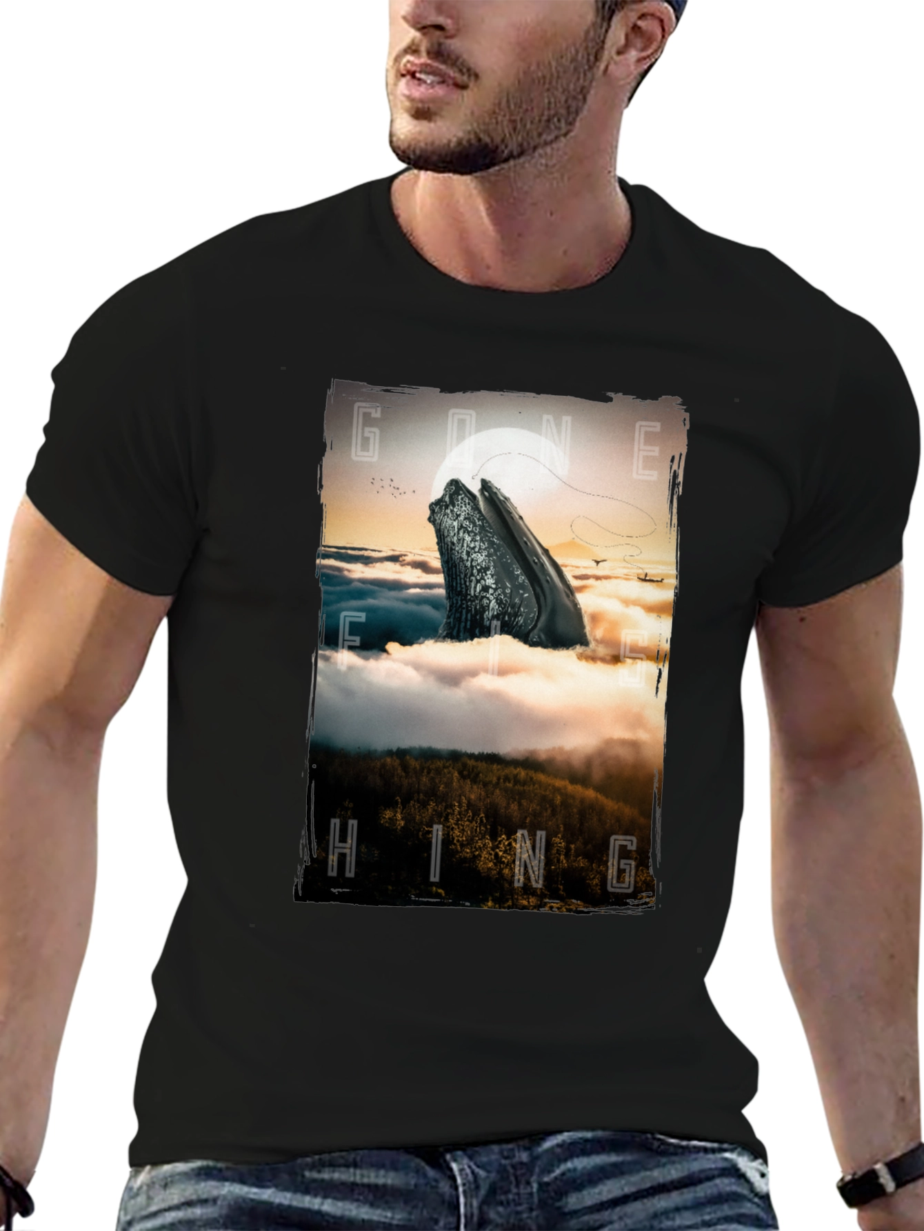 Black Gone Hiking Whale Graphic Tee - Black Cotton T-Shirt view 6