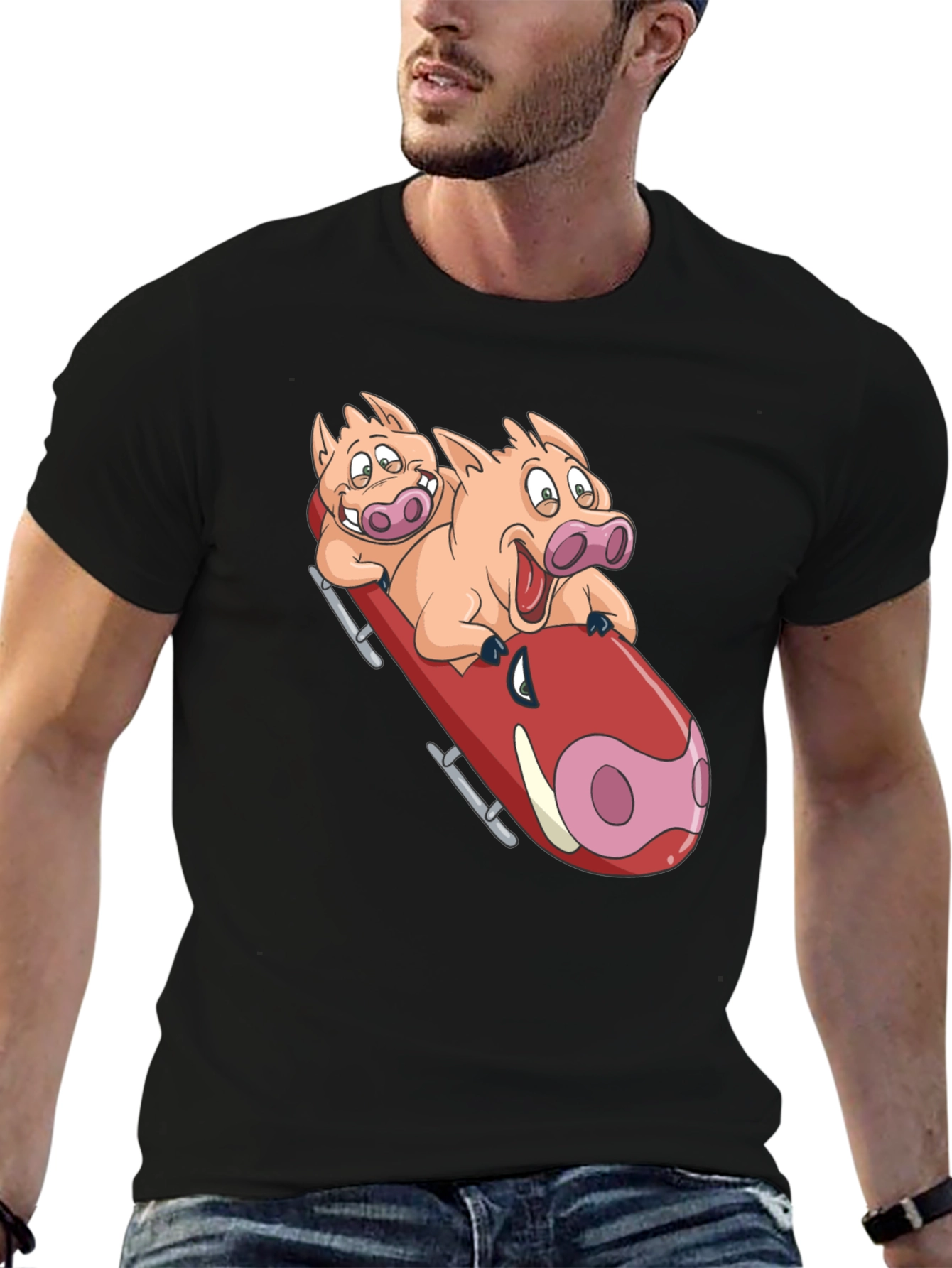 Black Funny Pigs Bobsledding Graphic T-Shirt view 6