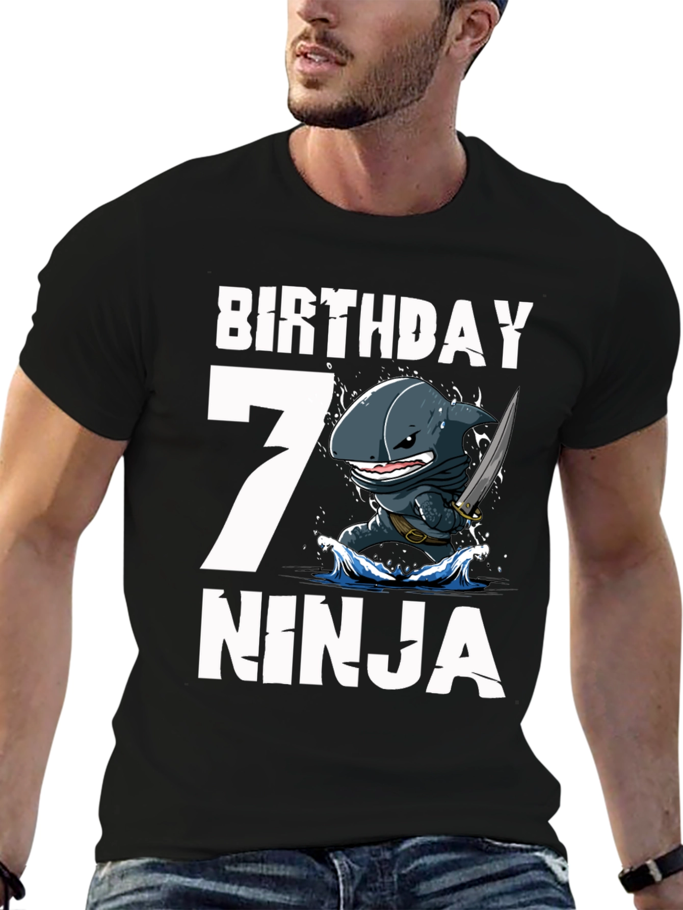 Black Birthday 7 Ninja Shark T-Shirt view 6