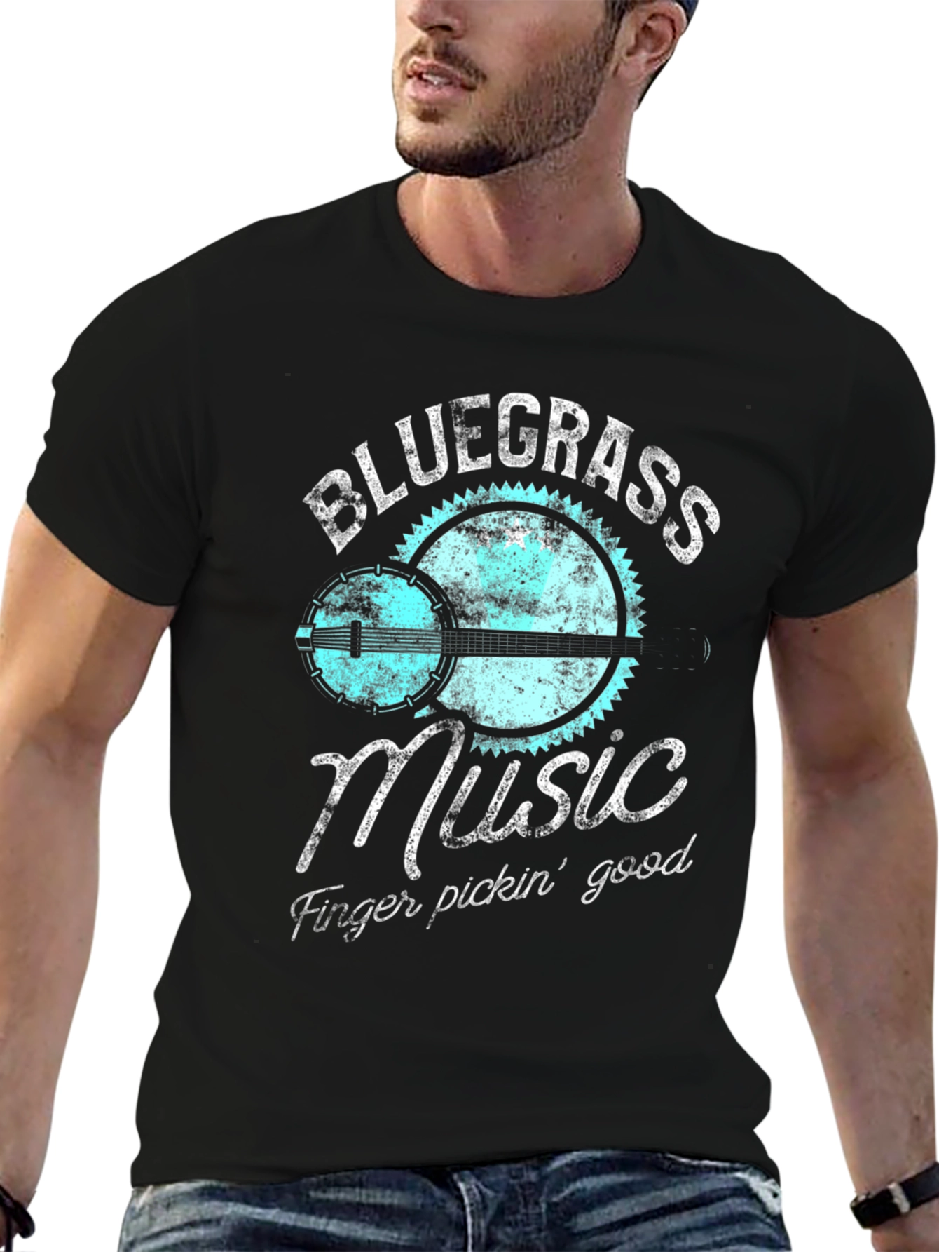 Black Bluegrass Music T-Shirt Banjo Guitar Graphic Tee view 6
