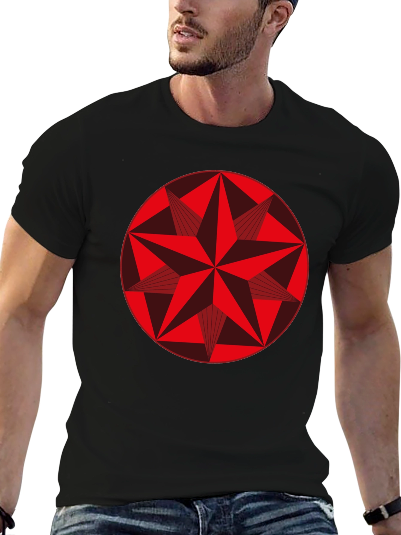 Black Geometric Star Graphic Tee - Stylish Black Cotton Shirt view 6