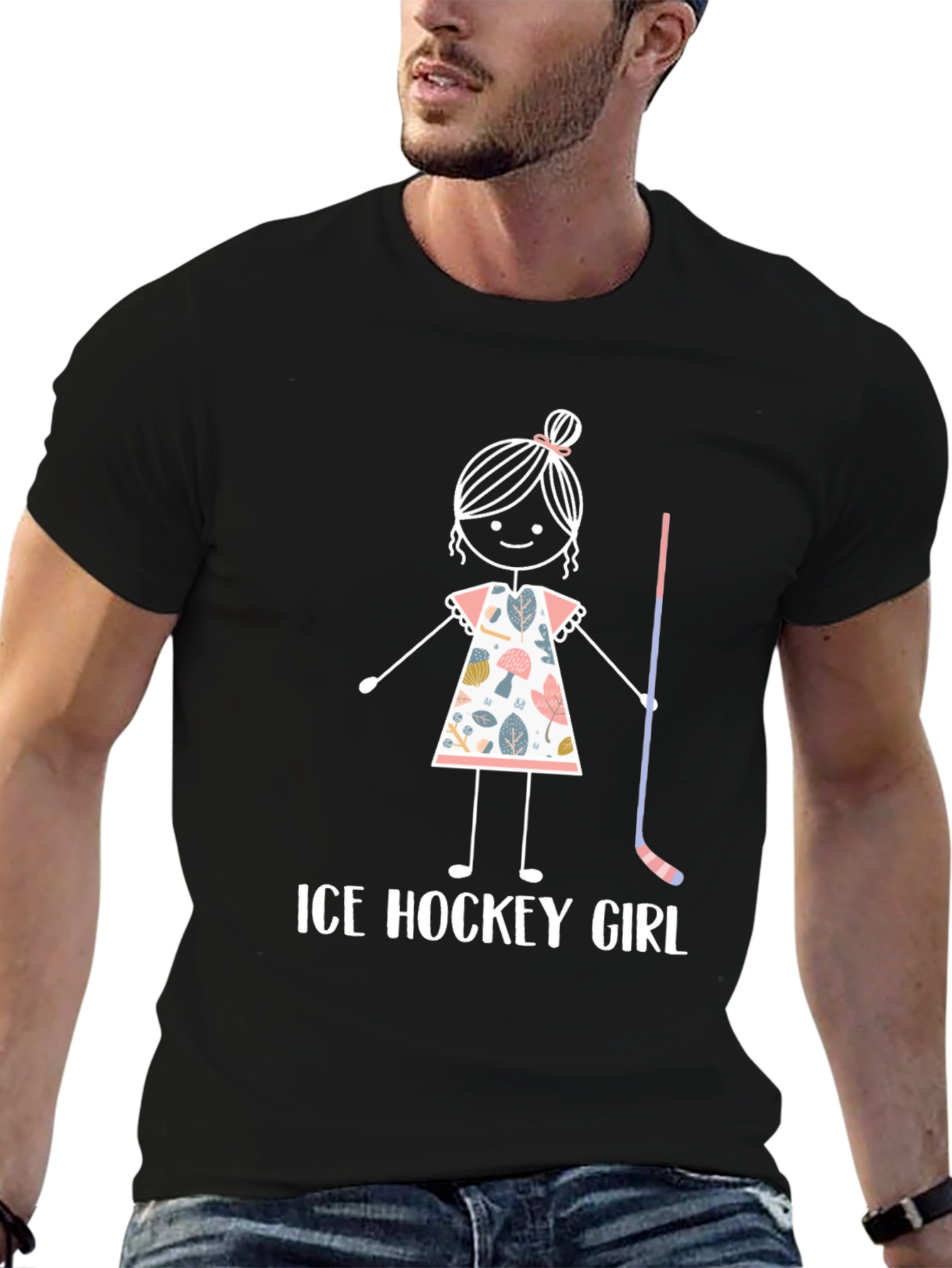 Black Ice Hockey Girl T-Shirt - Cute Stick Figure Design view 6