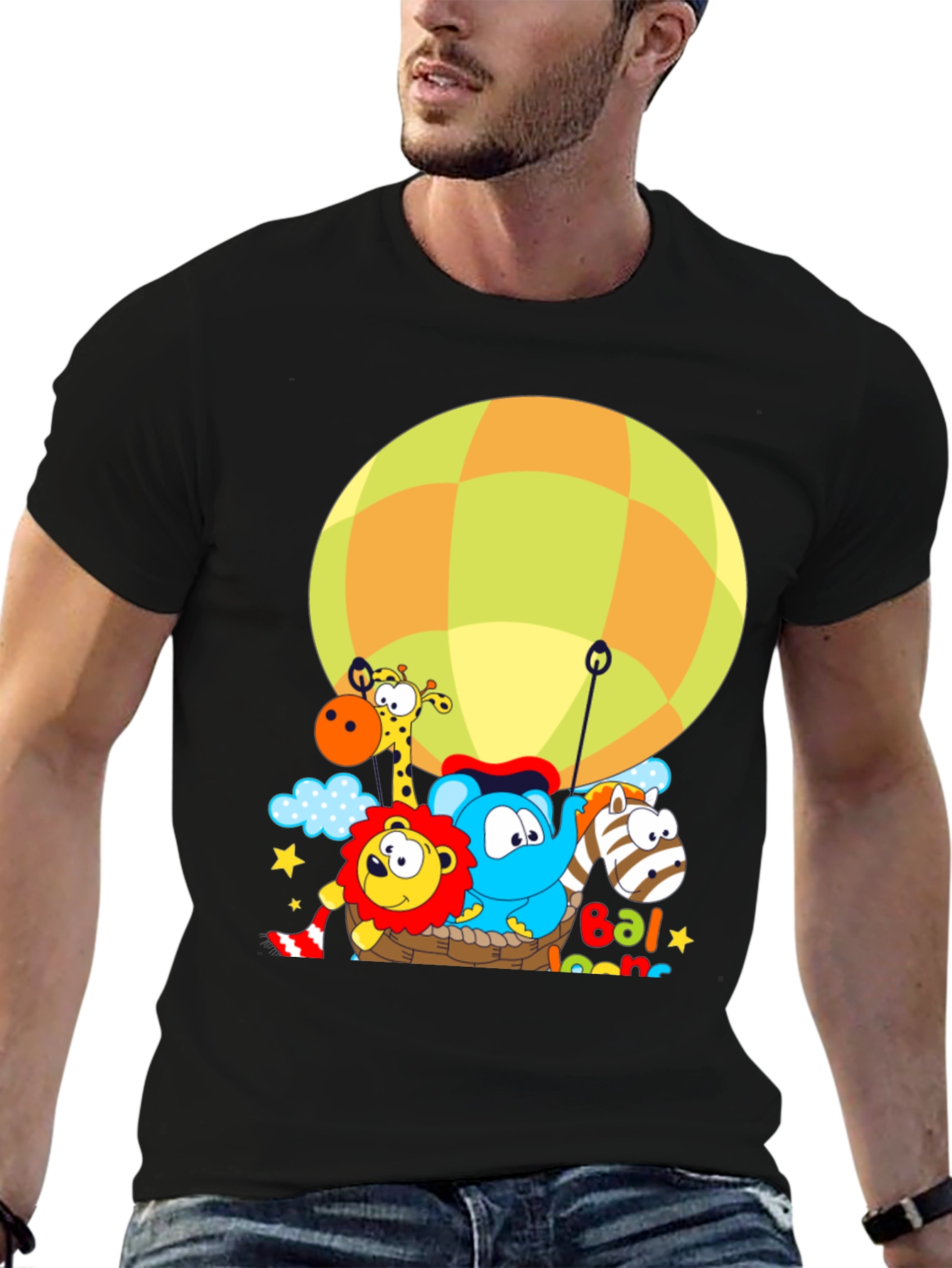 Black Cartoon Animal Balloon Ride Graphic T-Shirt view 6