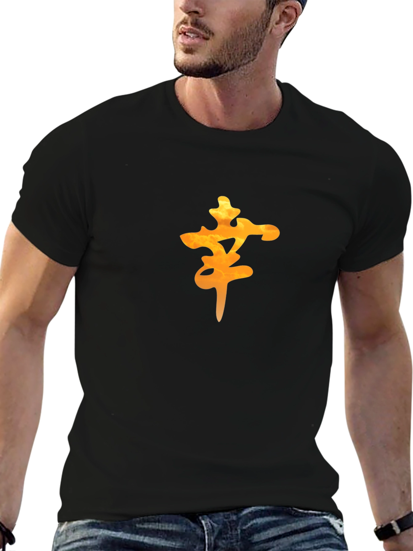 Black Men's Black Tee with Orange Lucky Symbol view 6