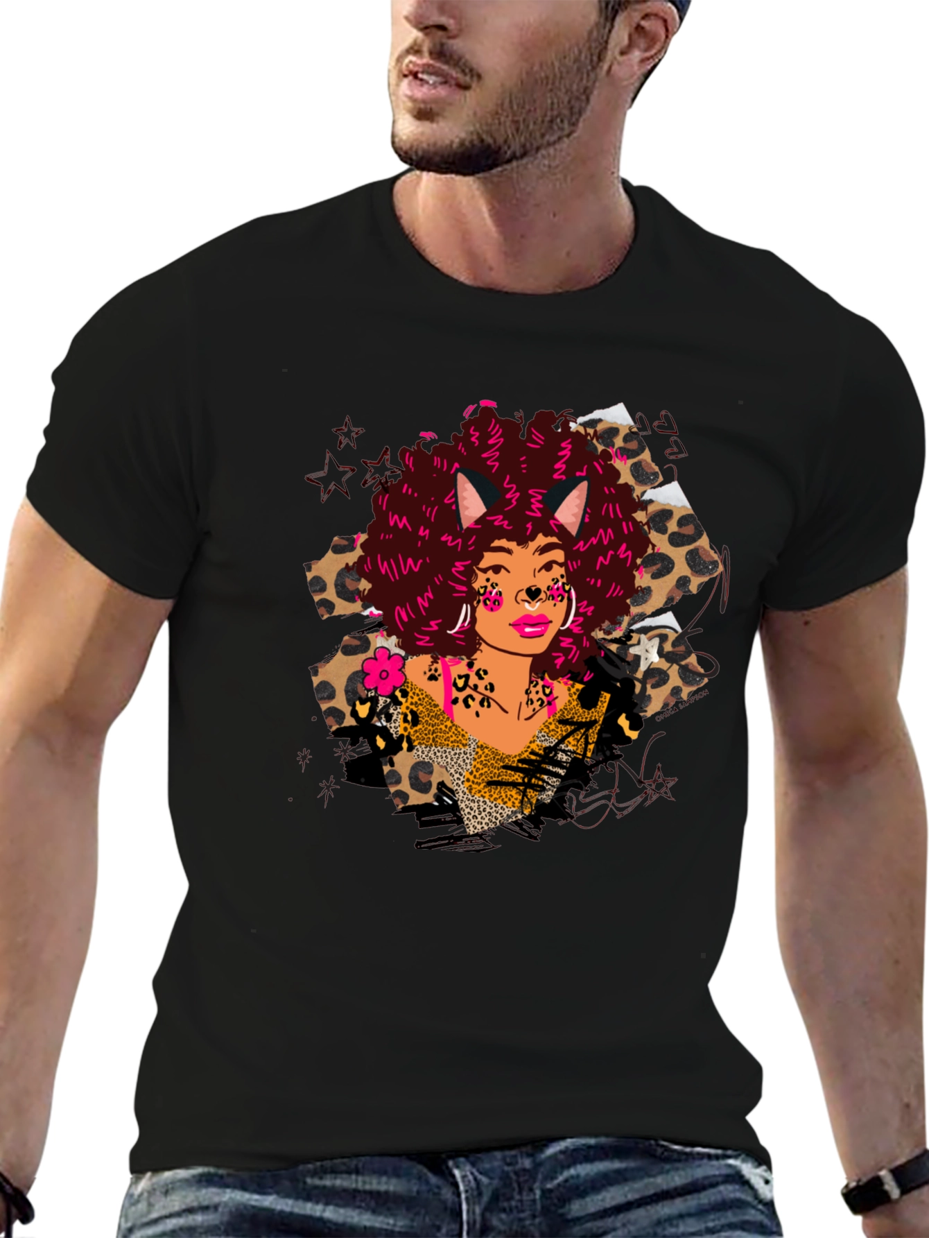 Black Leopard Print T-Shirt with Afro Cat Lady Design view 6