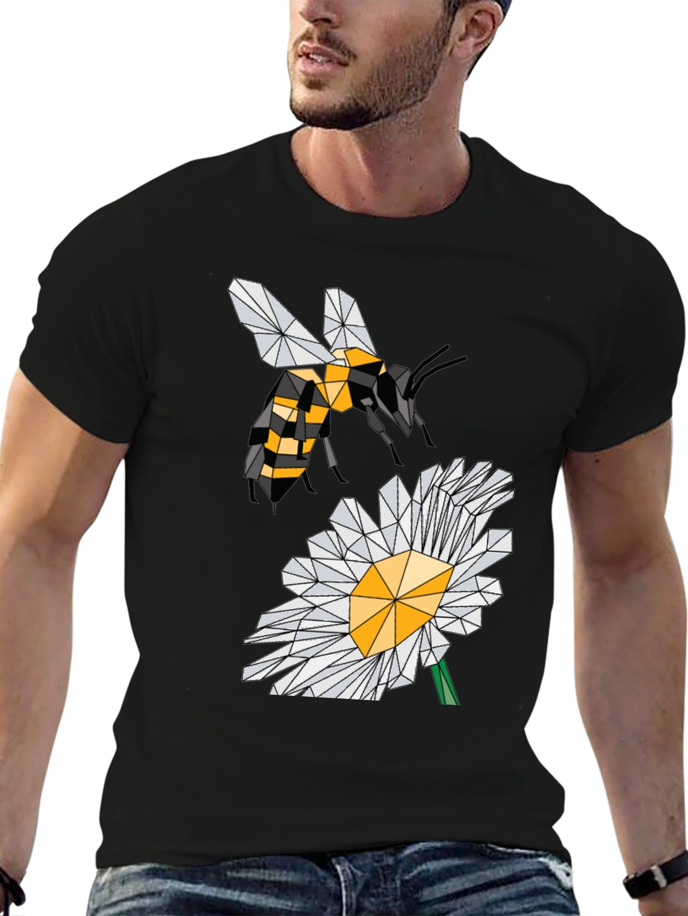 Black Geometric Bee & Daisy Black T-Shirt view 6