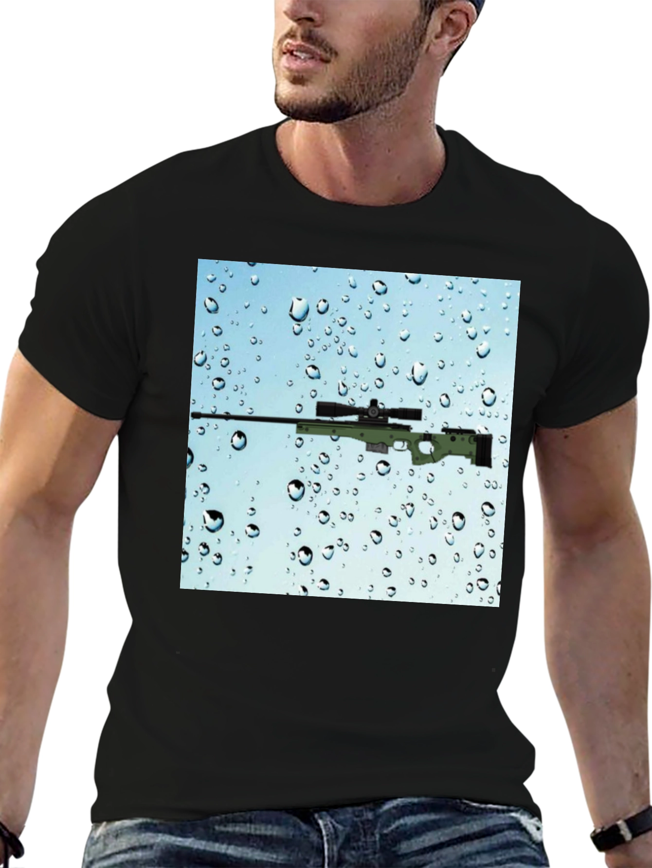 Black Gun on Rainy Window T-Shirt - Cool Graphic Tee view 6