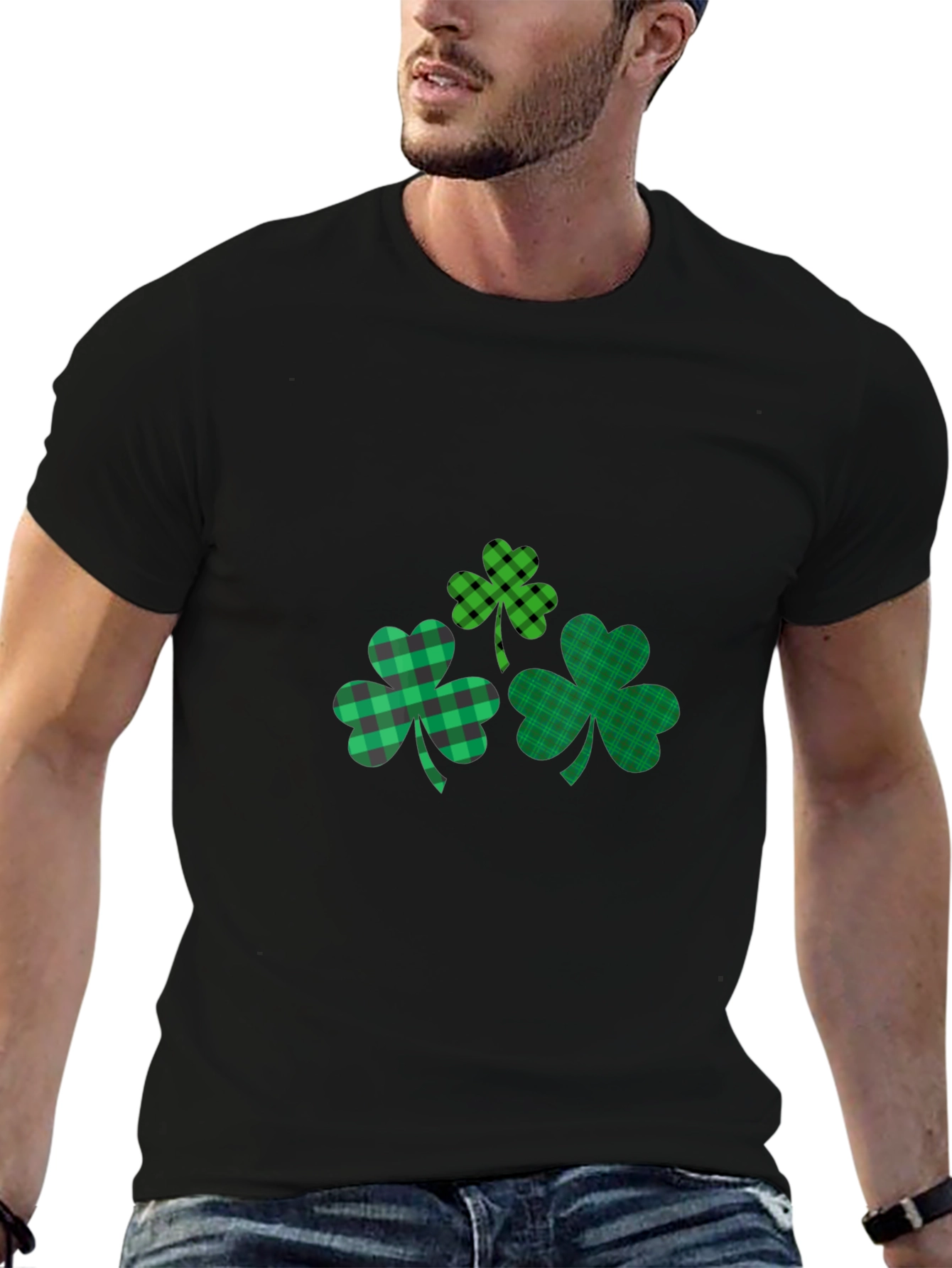 Black St. Patrick's Day Shamrock Plaid T-Shirt view 6