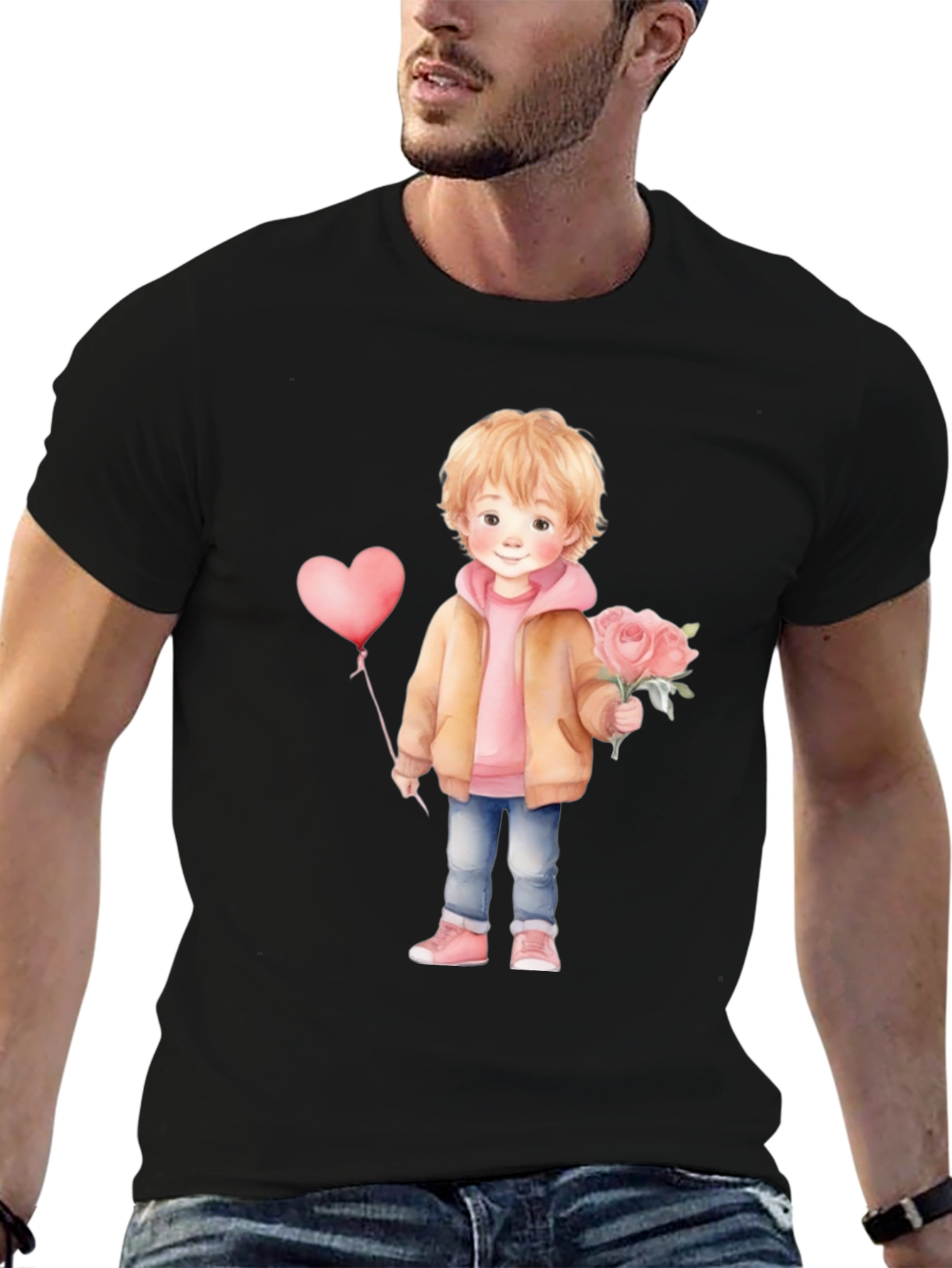 Black Cute Boy with Flowers and Balloon T-Shirt view 6