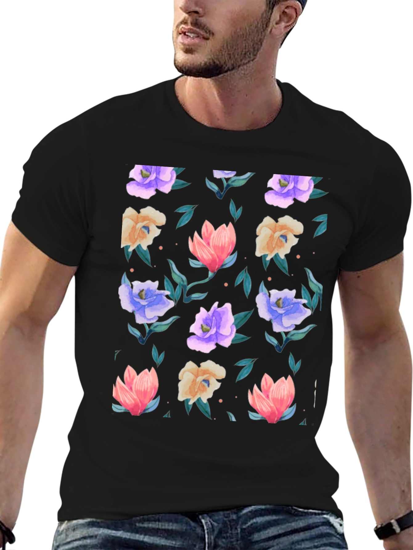 Black Floral Print T-Shirt - Black - Vibrant Blooms view 6